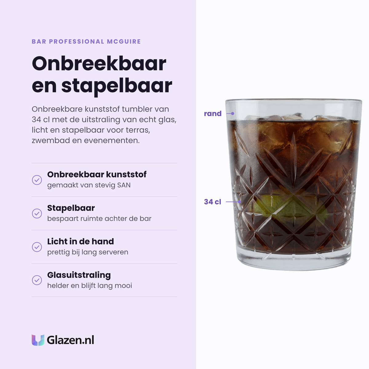 Bar Professional McGuire tumbler 34 cl eigenschappen: onbreekbaar kunststof, stapelbaar, licht in de hand, heldere glasuitstraling