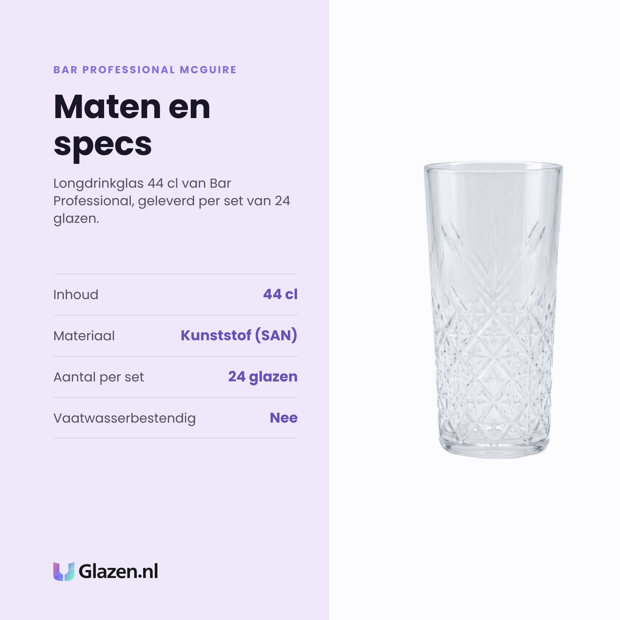 Bar Professional McGuire longdrinkglas 44 cl specificaties: inhoud 44 cl, kunststof, set van 24