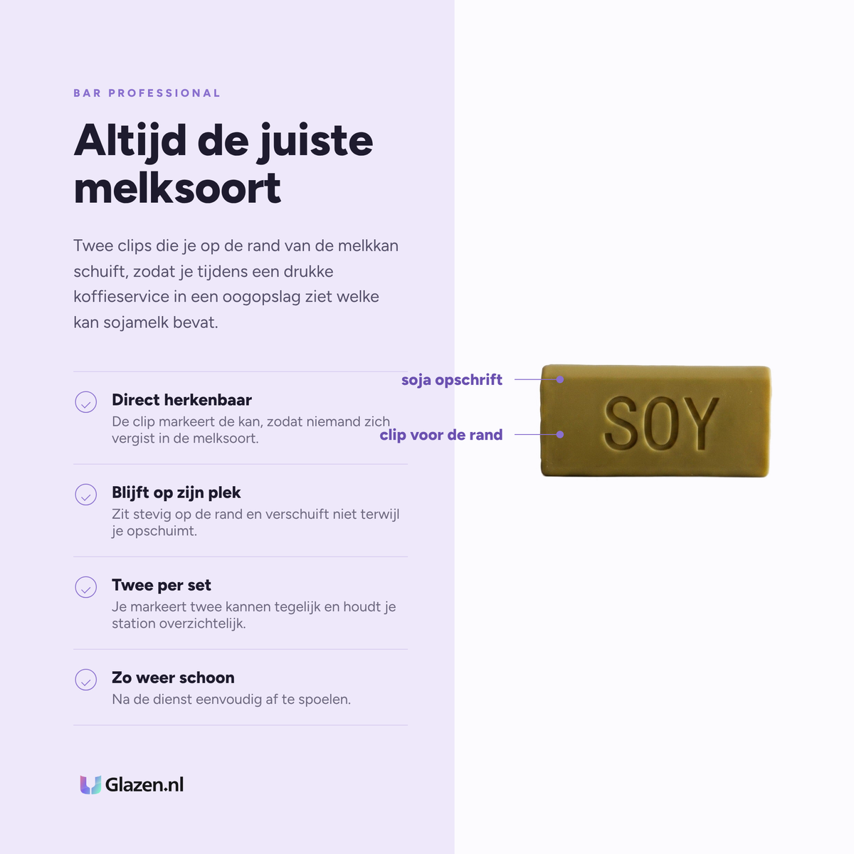 Eigenschappen van de Bar Professional melkkan identiteitsclip soja
