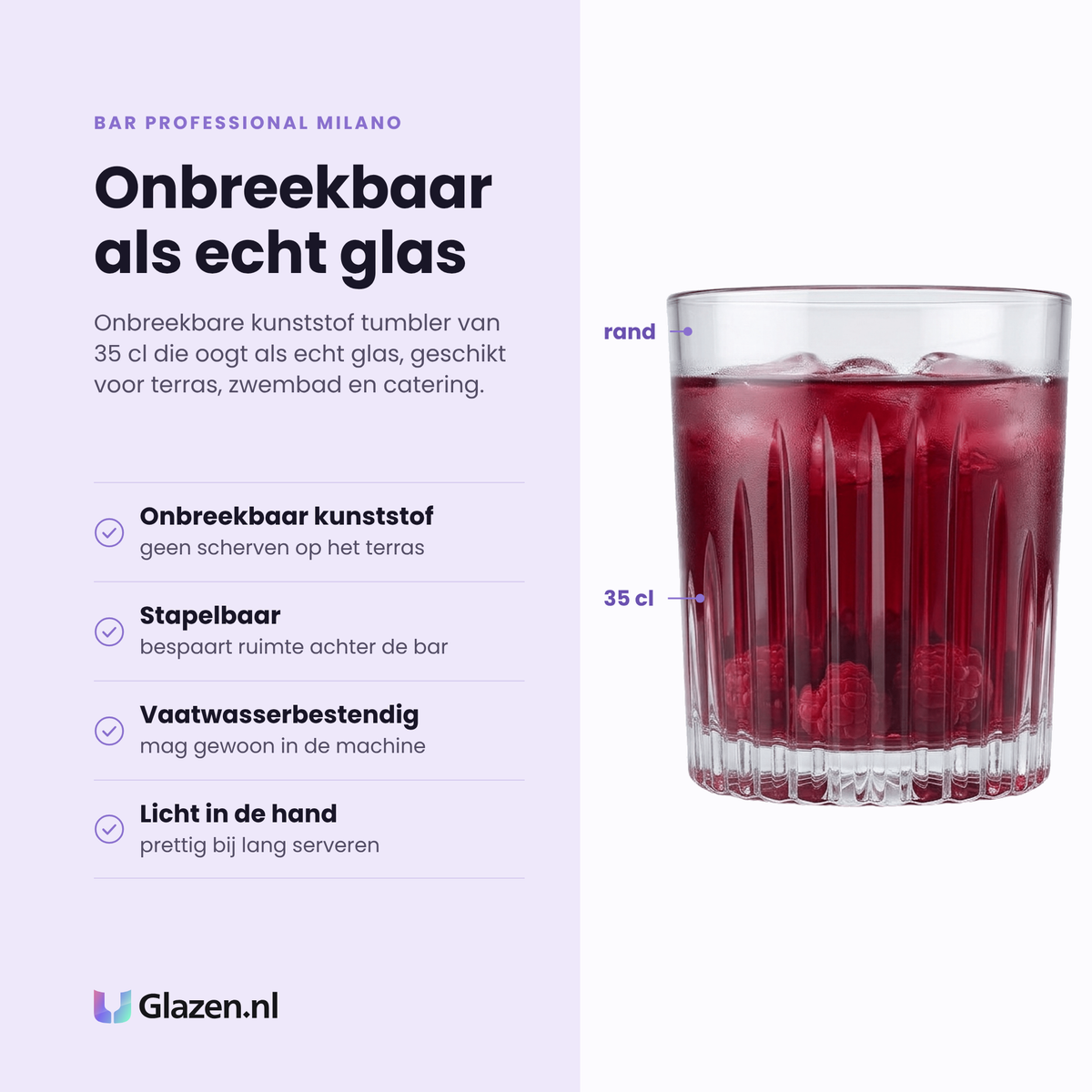 Bar Professional Milano tumbler 35 cl eigenschappen: onbreekbaar kunststof, stapelbaar, vaatwasserbestendig, licht in de hand