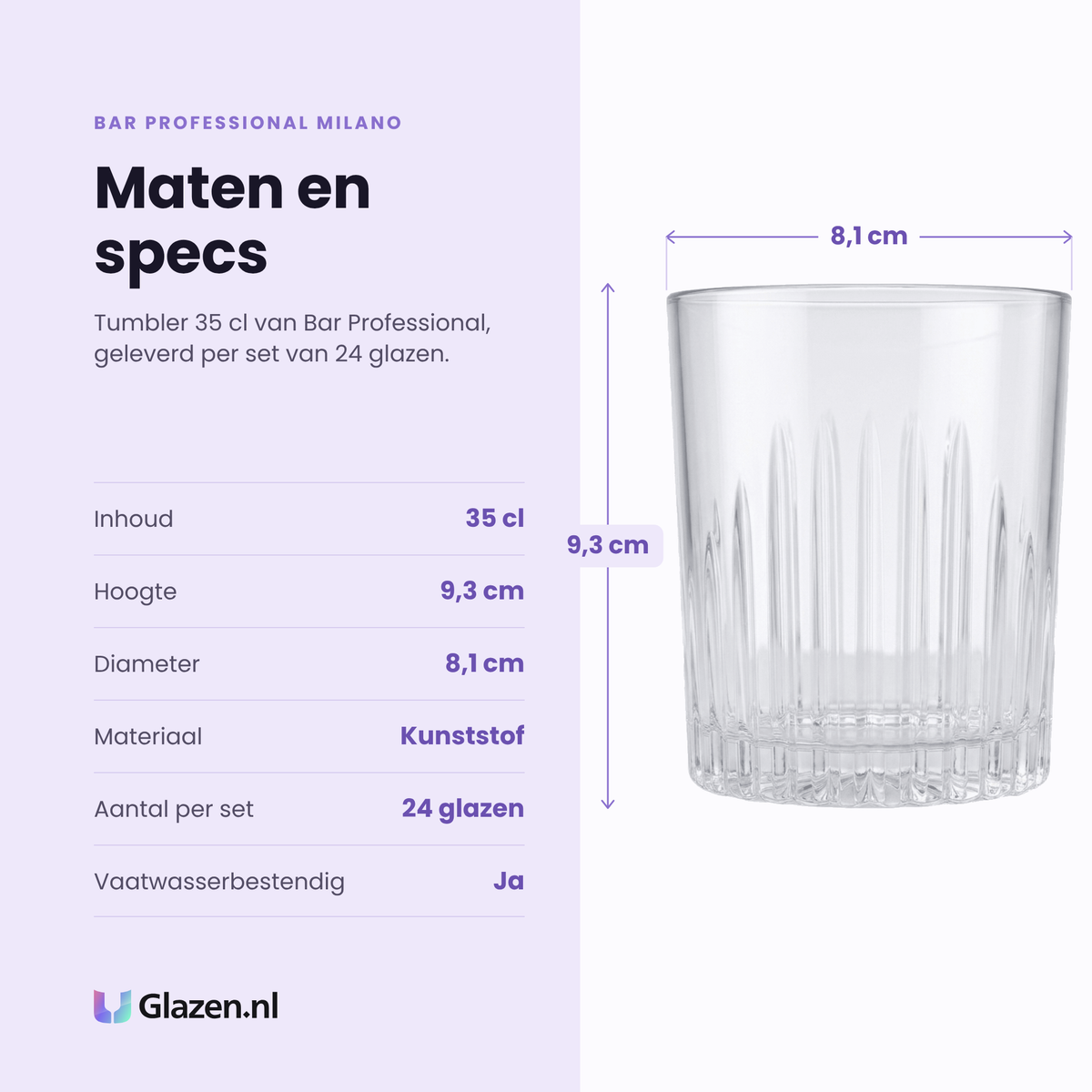 Bar Professional Milano tumbler 35 cl specificaties: inhoud 35 cl, hoogte 9,3 cm, diameter 8,1 cm, kunststof, set van 24