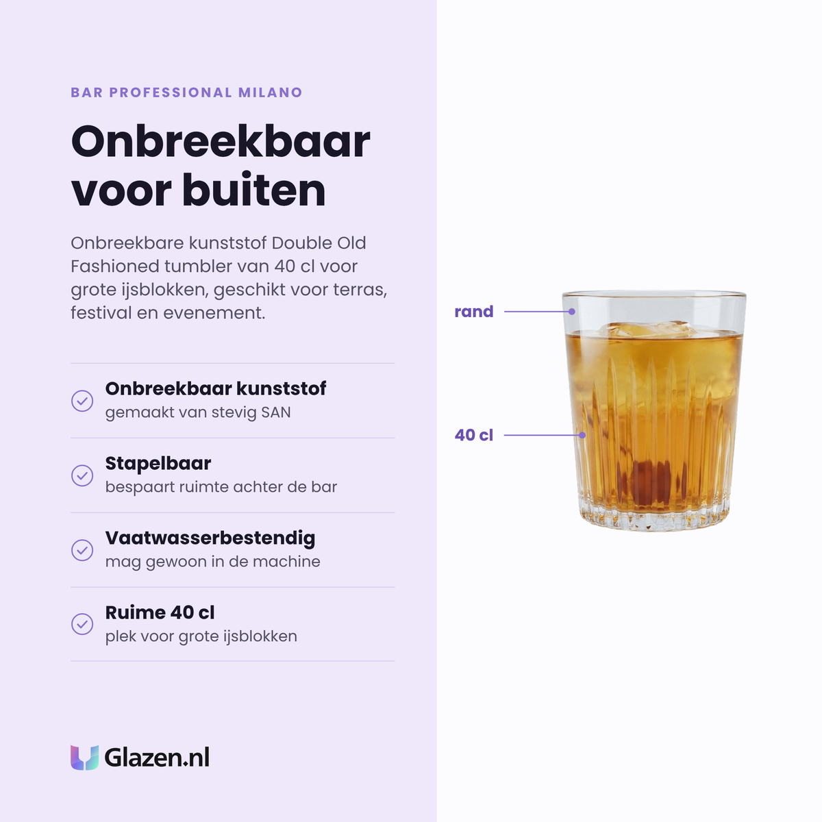 Bar Professional Milano tumbler 40 cl eigenschappen: onbreekbaar kunststof, stapelbaar, vaatwasserbestendig, ruime 40 cl inhoud