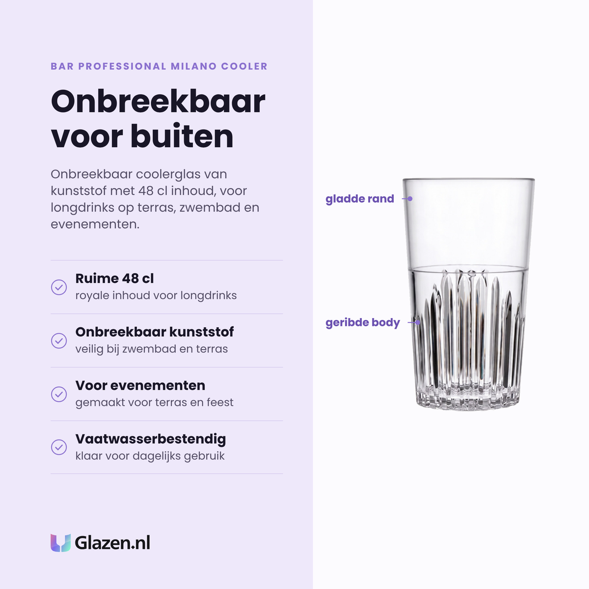 Bar Professional Milano Cooler longdrinkglas 48 cl eigenschappen: ruime 48 cl, onbreekbaar kunststof, voor evenementen, vaatwasserbestendig
