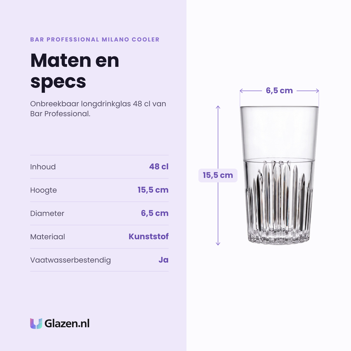 Bar Professional Milano Cooler longdrinkglas 48 cl specificaties: inhoud 48 cl, hoogte 15,5 cm, diameter 6,5 cm, kunststof