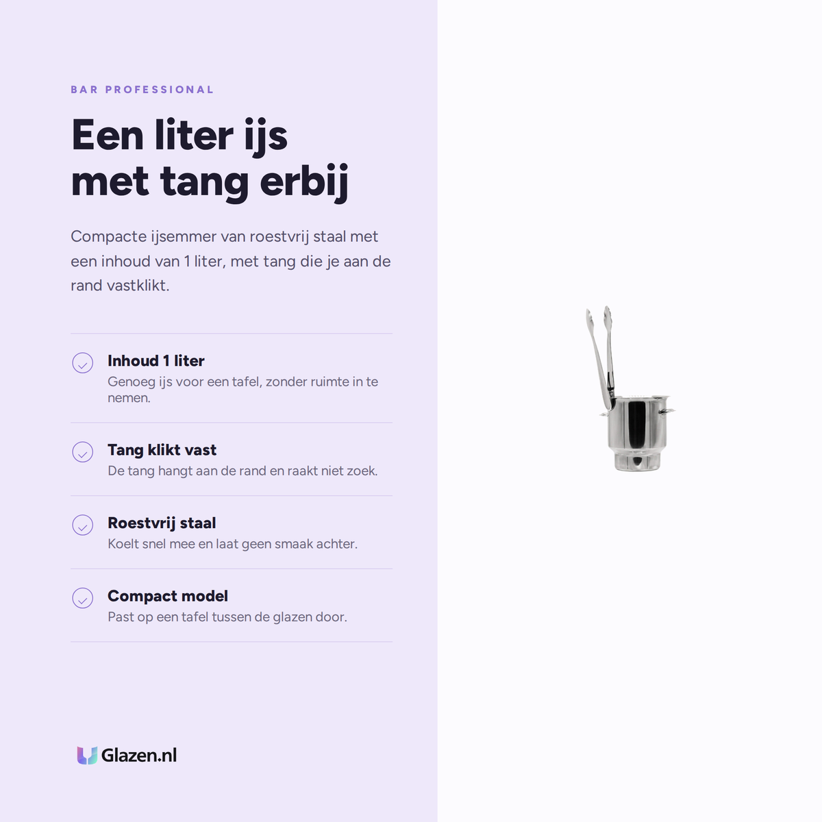 Infographic met de eigenschappen van Bar Professional Mini IJsemmer met Tang RVS 1 Liter