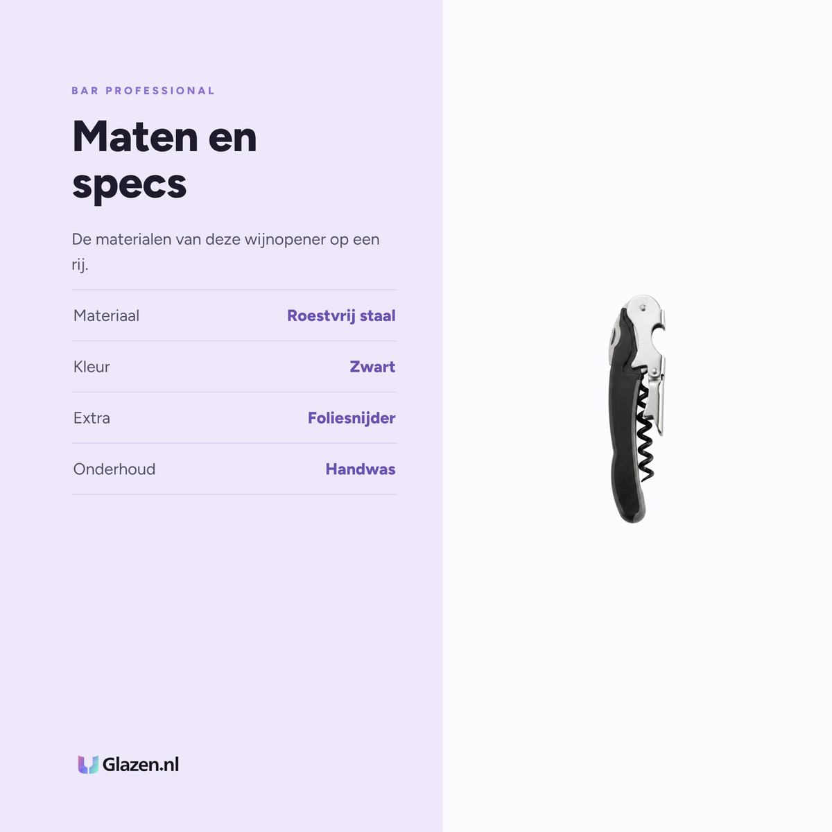 Bar Professional Murano Wijnopener Zwart specificaties: materiaal Roestvrij staal, kleur Zwart, extra Foliesnijder, onderhoud Handwas