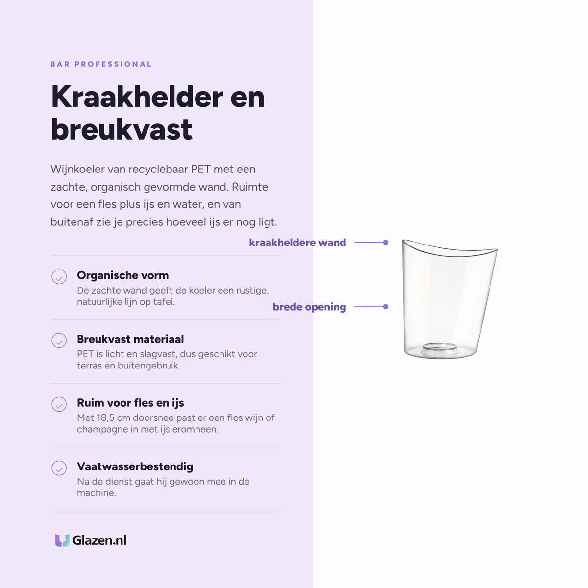 Infographic met de eigenschappen van Bar Professional Organic Wijnkoeler PET Transparant 23 Cm