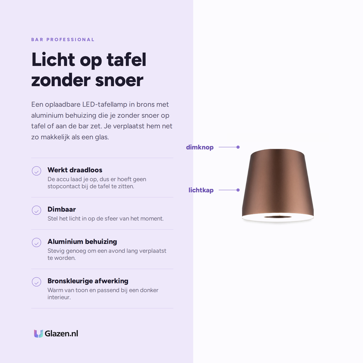 Eigenschappen van Bar Professional Portable LED Tafellamp Brons