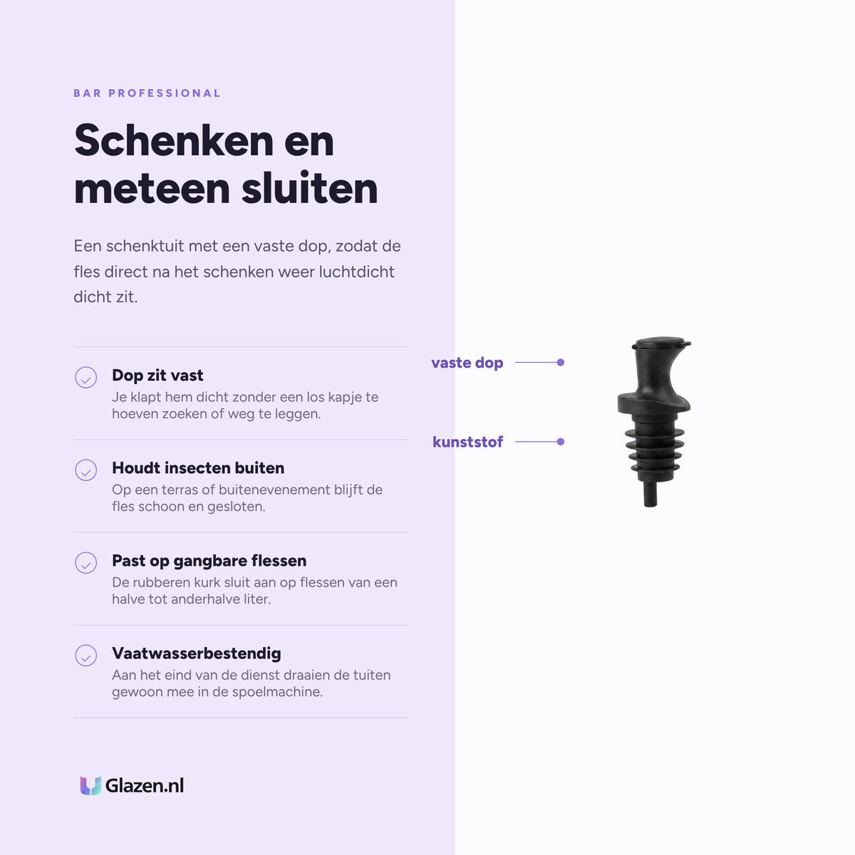 Infographic met de eigenschappen van de Bar Professional Pour en Seal schenktuit