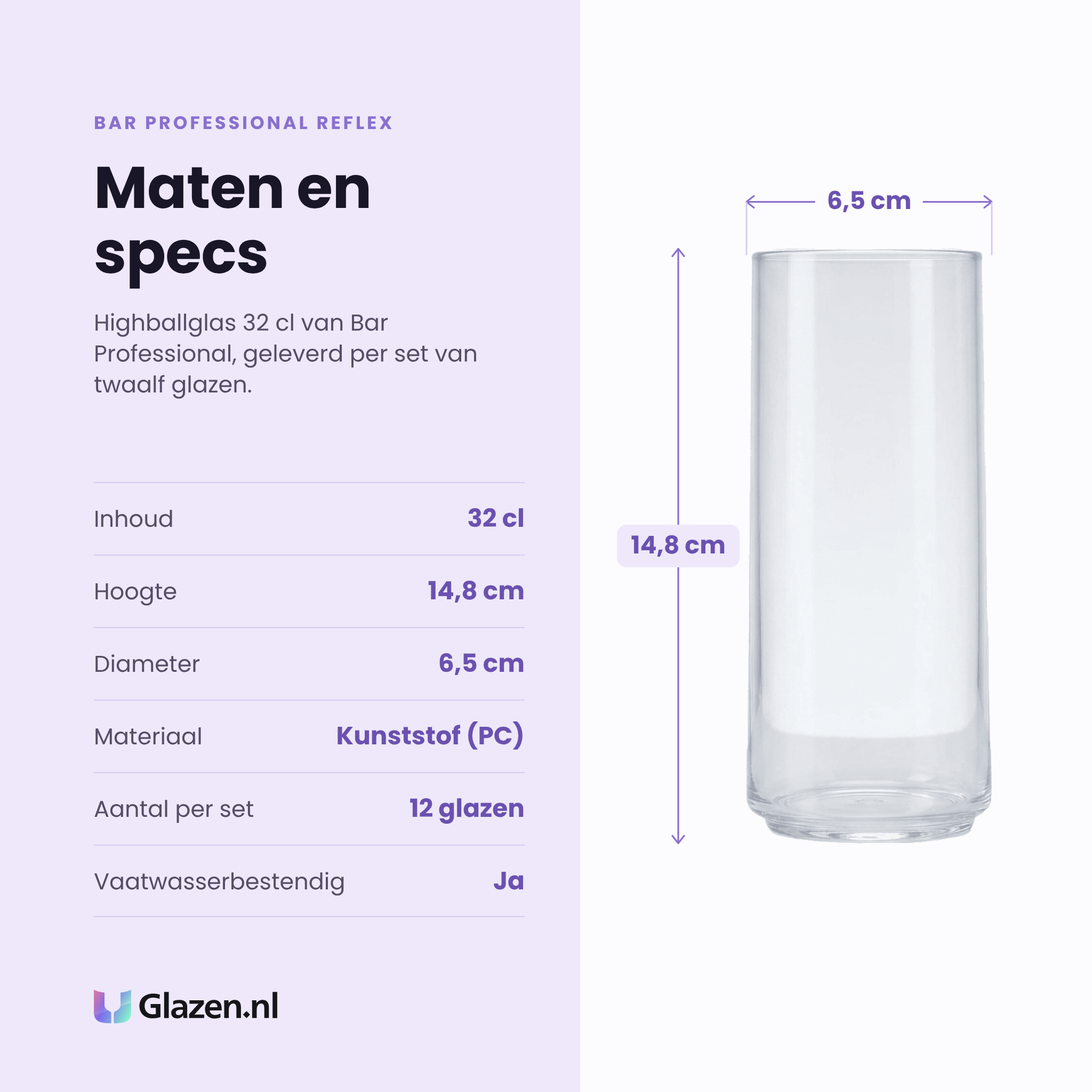 Bar Professional Reflex longdrinkglas 32 cl specificaties: inhoud 32 cl, hoogte 14,8 cm, diameter 6,5 cm, kunststof, set van 12