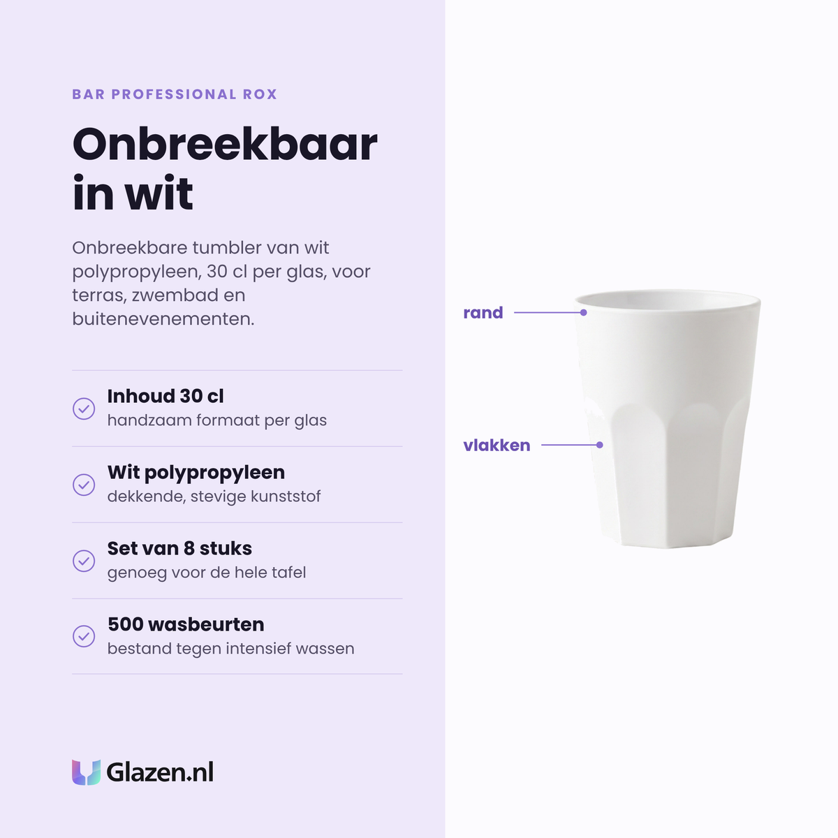 Bar Professional Rox tumbler 30 cl eigenschappen: wit polypropyleen, onbreekbaar, set van 8, bestand tegen 500 wasbeurten