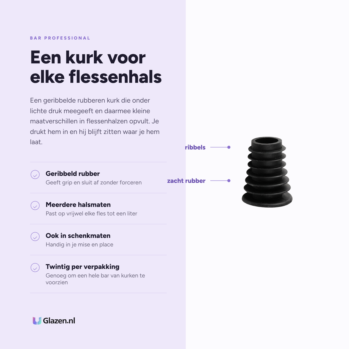 Eigenschappen van de Bar Professional Rubberen Kurk Geribbeld Zwart - 20 Stuks