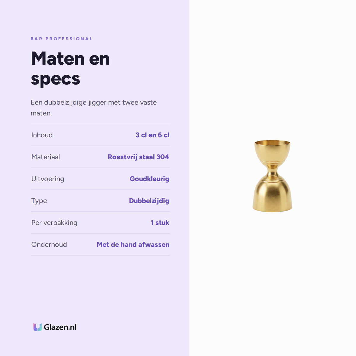 Infographic met de maten en specificaties van de Bar Professional Speakeasy Bell Jigger Goud 3/6 Cl