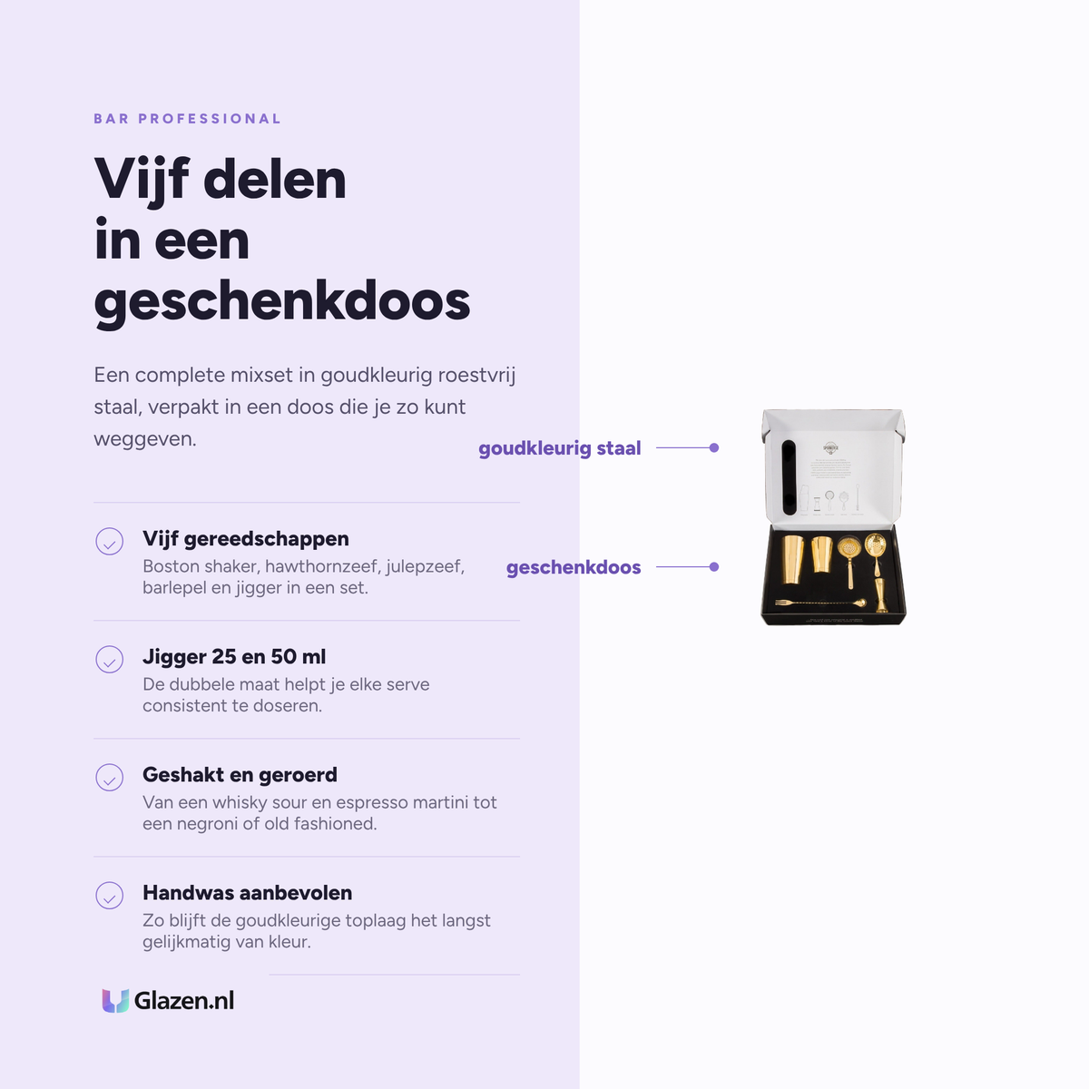 Infographic met de eigenschappen van de Bar Professional Speakeasy cocktailset in goud