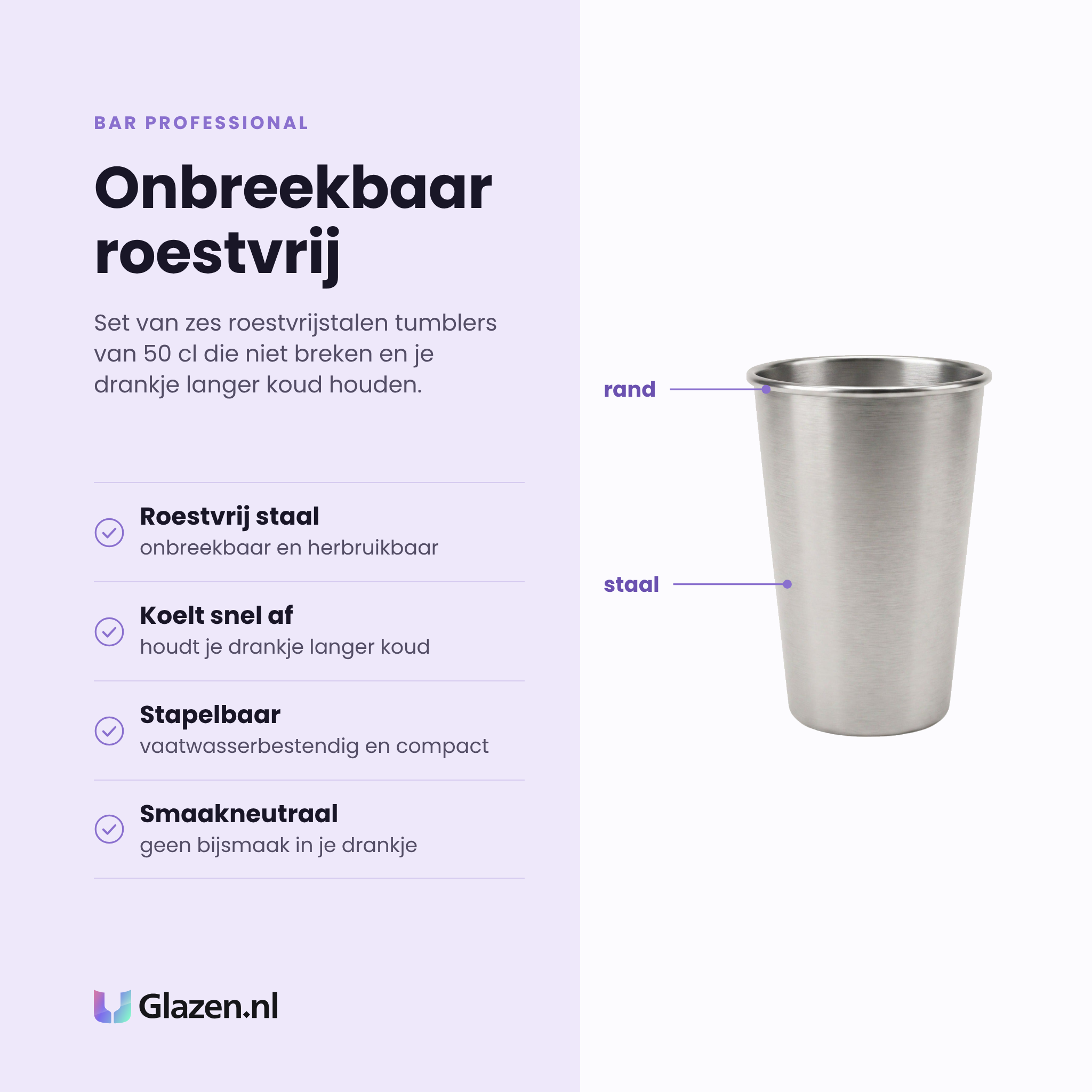 Bar Professional tumbler 50 cl eigenschappen: roestvrij staal, houdt drank koud, vaatwasserbestendig, smaakneutraal