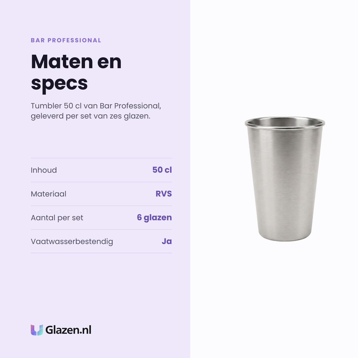 Bar Professional tumbler 50 cl specificaties: inhoud 50 cl, rvs, set van 6, vaatwasserbestendig