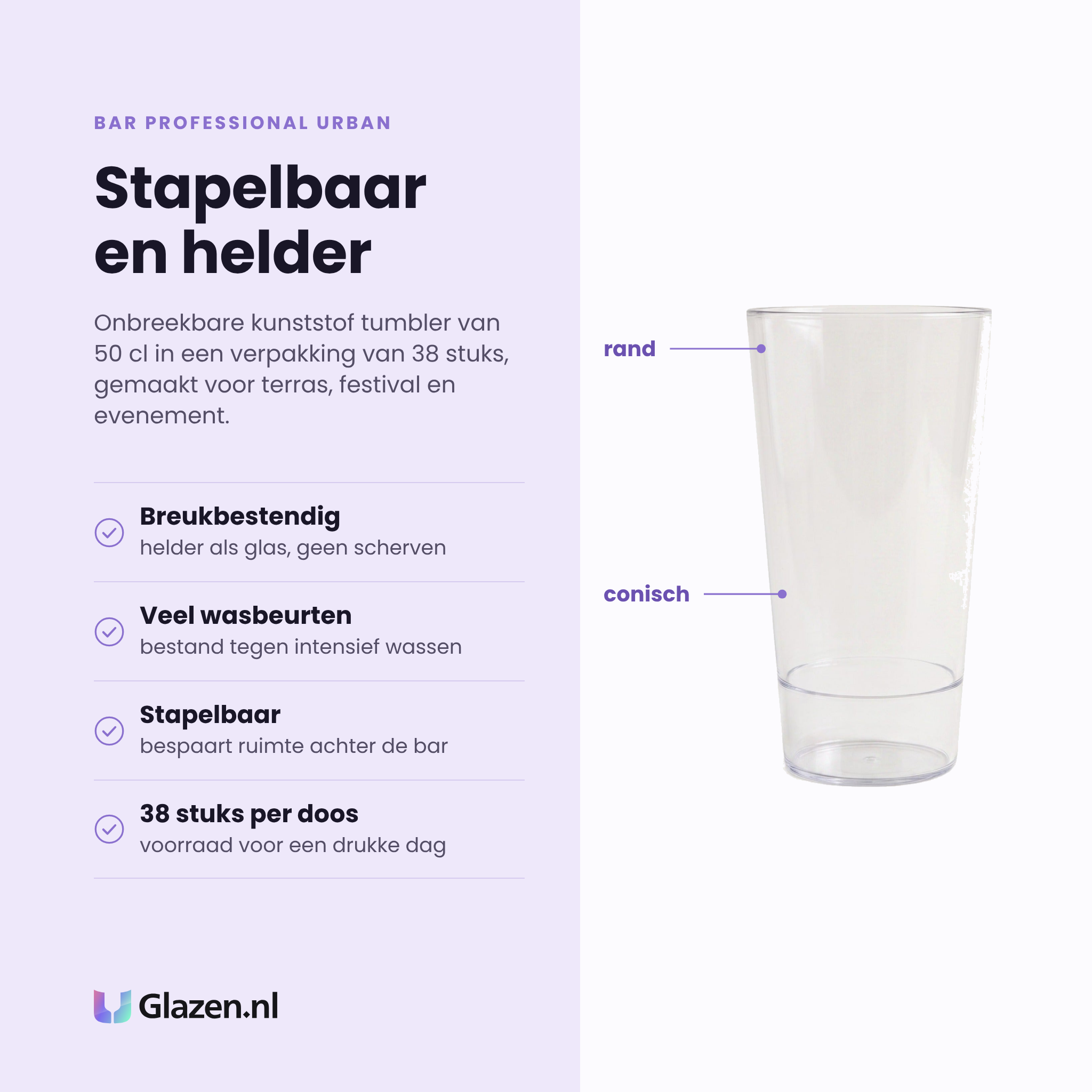 Bar Professional Urban tumbler 50 cl eigenschappen: breukbestendig kunststof, stapelbaar, vaatwasserbestendig, verpakking van 38