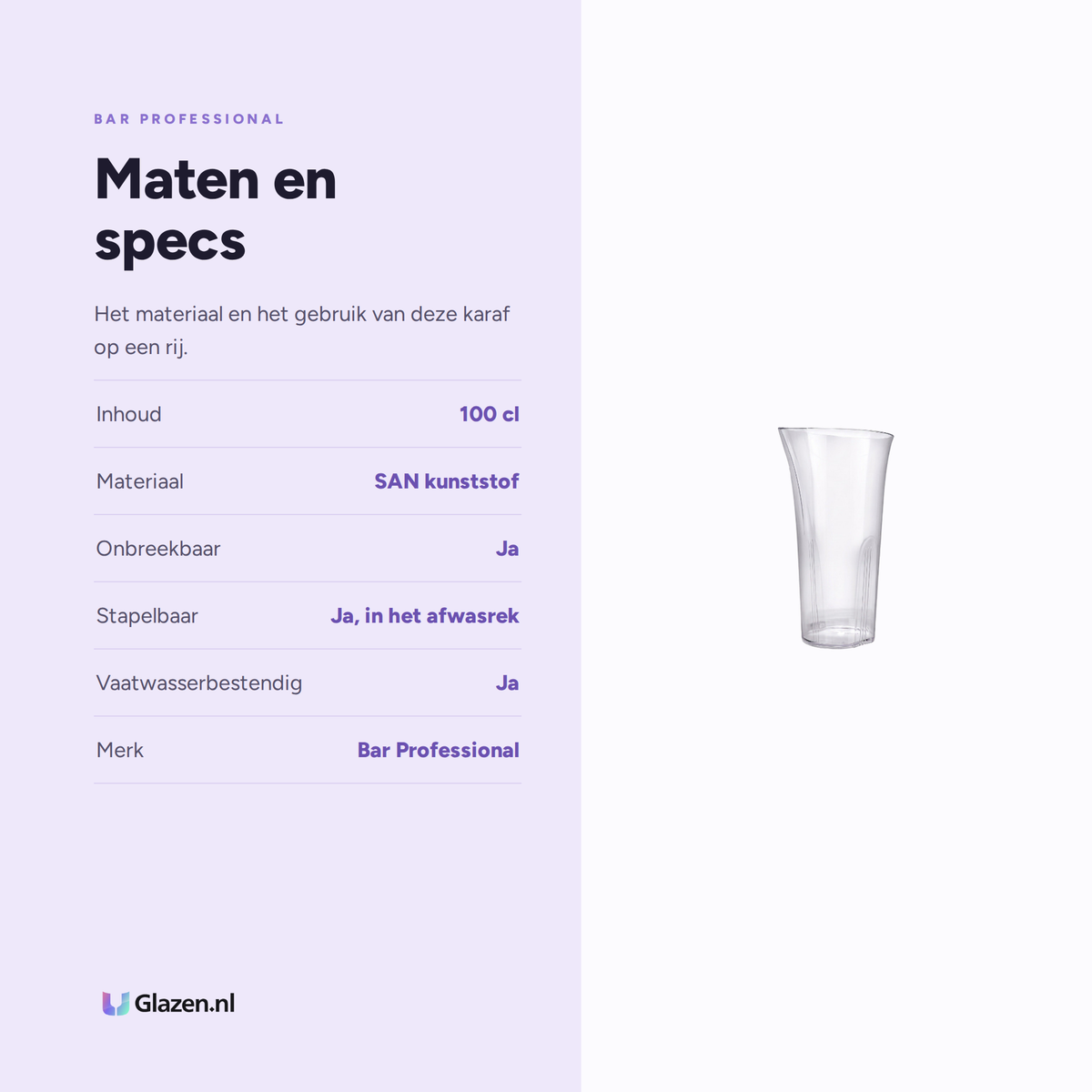 Maten en specs van de Bar Professional Urban Karaf Kunststof Transparant 100 Cl