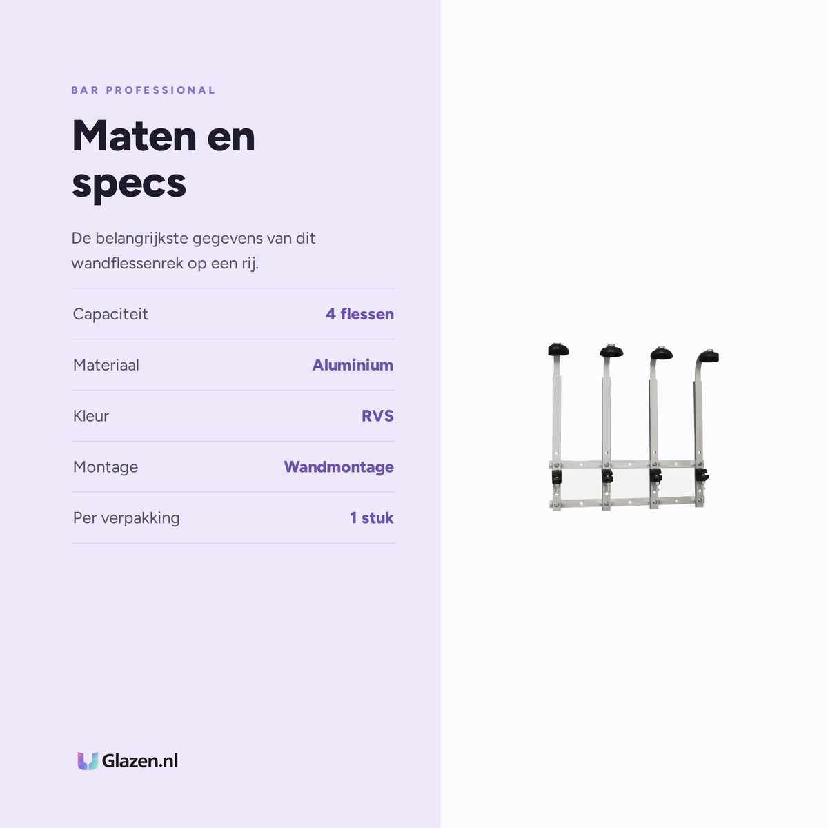 Maten en specificaties van Bar Professional Wandflessenrek Aluminium 4 Flessen