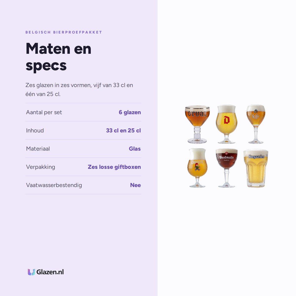 Maten en specs van Belgisch Bierproefpakket 6 Glazen (Orval, Duvel, Leffe, La Chouffe, Westmalle & Hoegaarden)