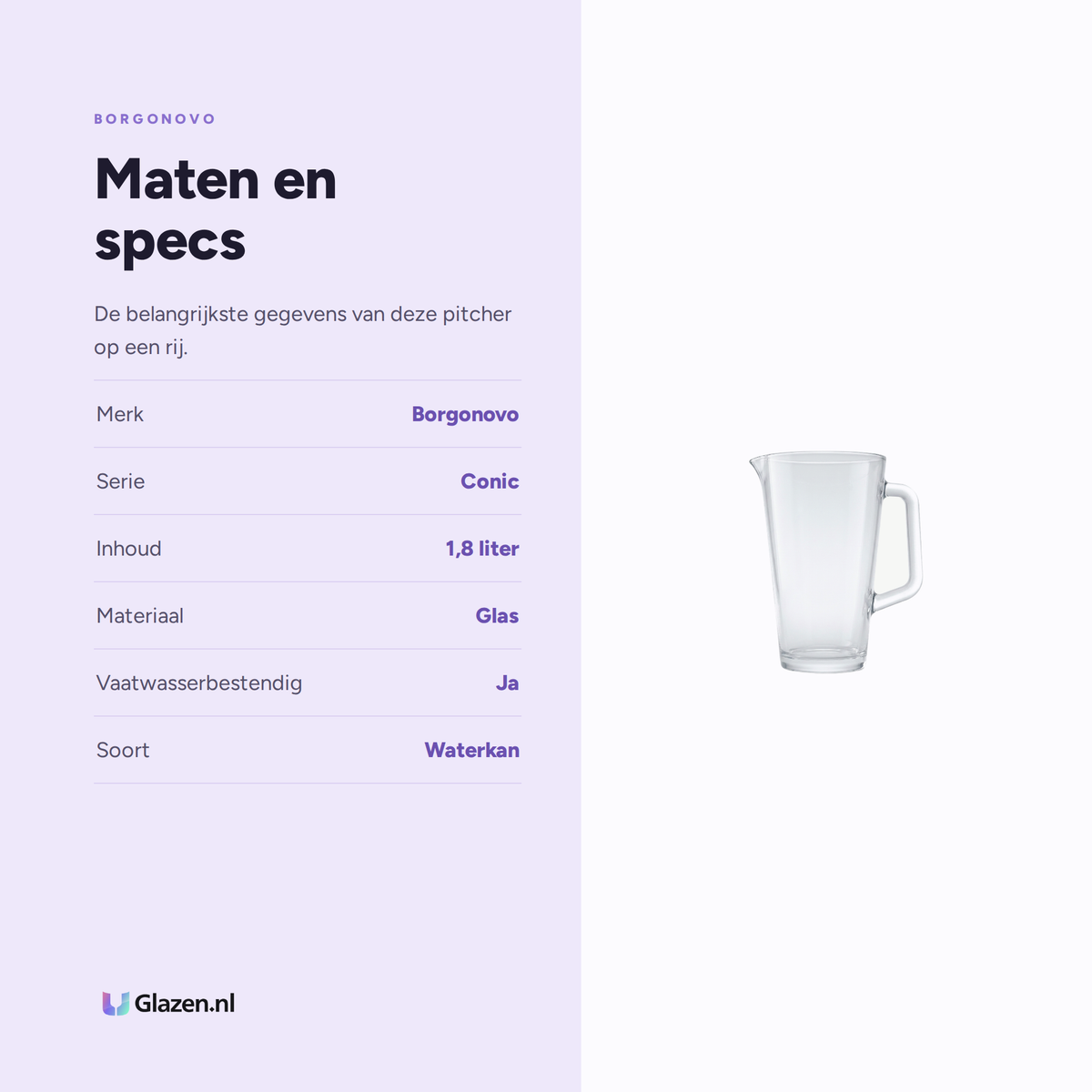 Maten en specificaties van de Borgonovo Conic Pitcher 1,8 Liter