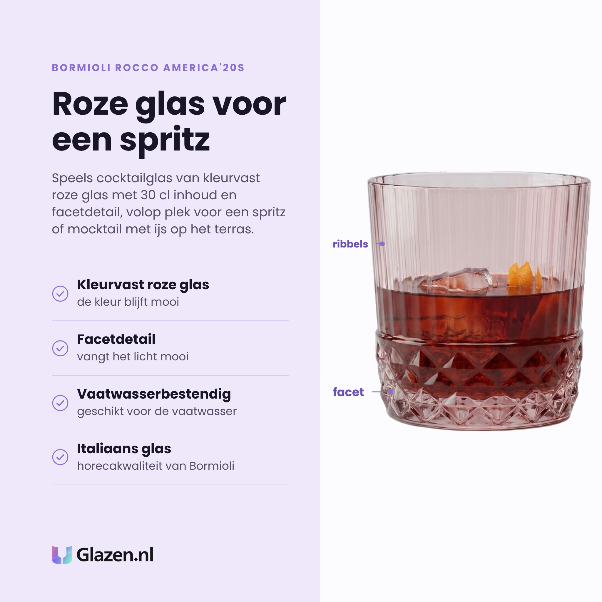 Bormioli Rocco America'20s cocktailglas 30 cl eigenschappen: kleurvast roze glas, facetdetail, vaatwasserbestendig, italiaans glas