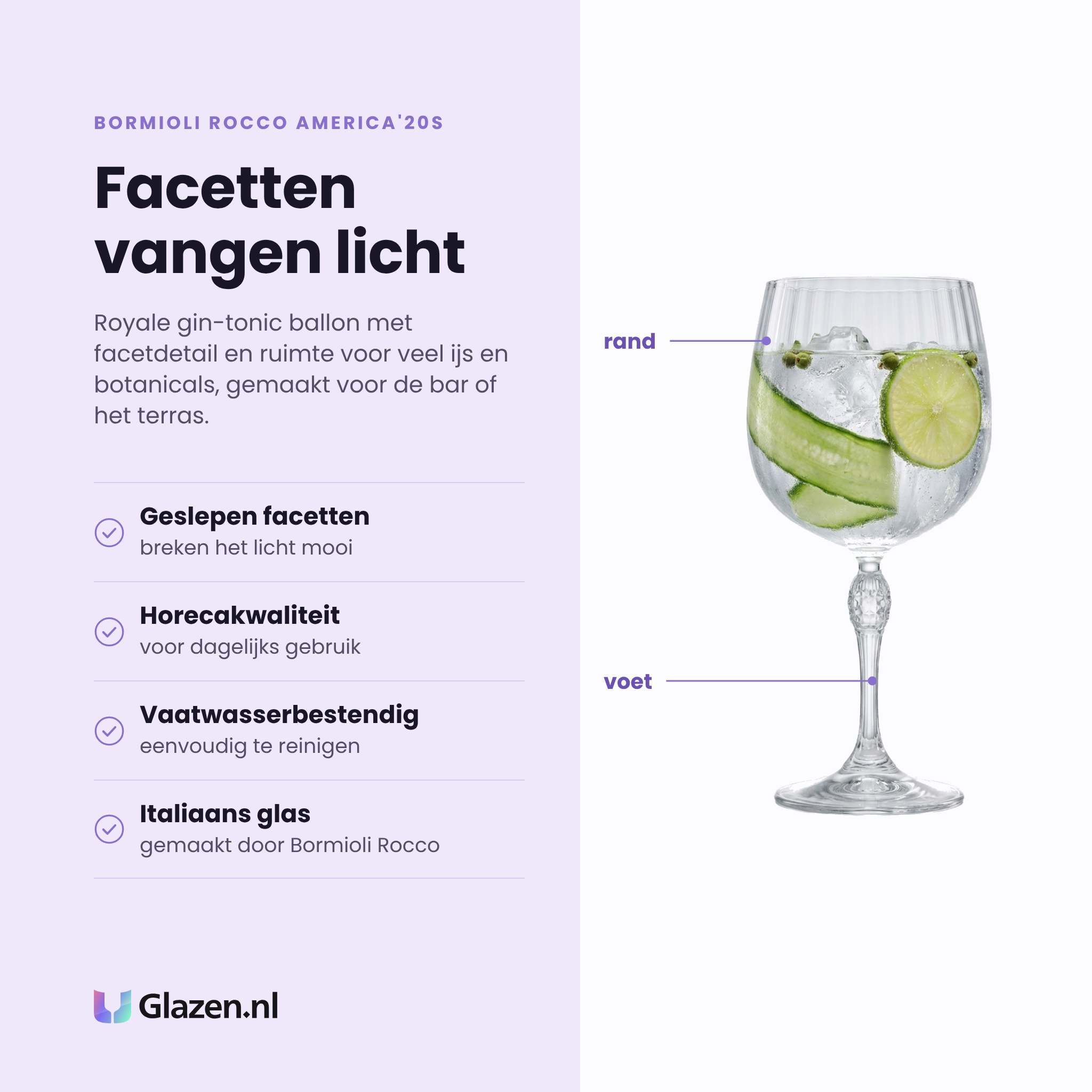 Bormioli Rocco America'20s gin-tonicglas 74 cl eigenschappen: geslepen facetten, horecakwaliteit, vaatwasserbestendig, italiaans glas
