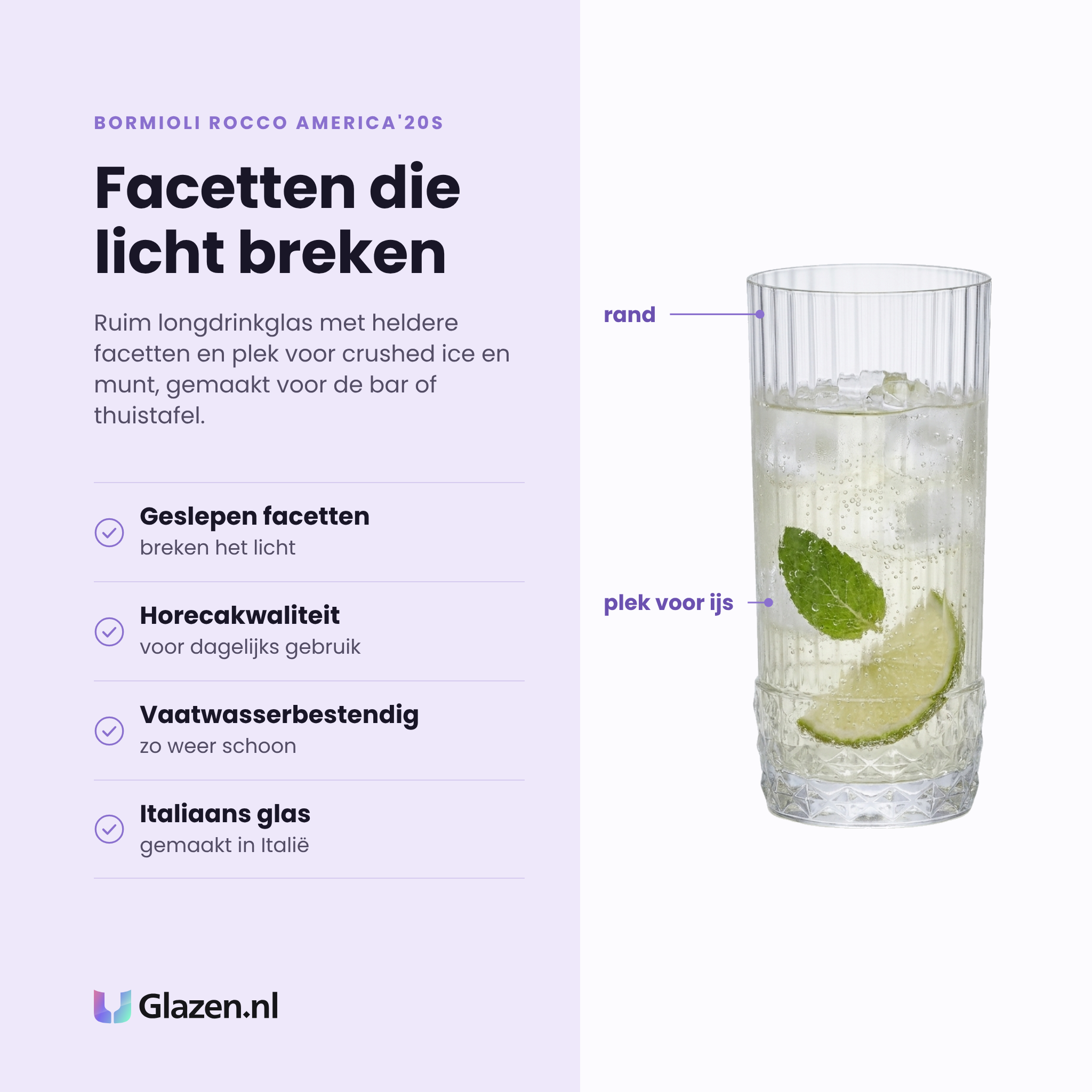 Bormioli Rocco America'20s longdrinkglas 49 cl eigenschappen: geslepen facetten, horecakwaliteit, vaatwasserbestendig, italiaans glas