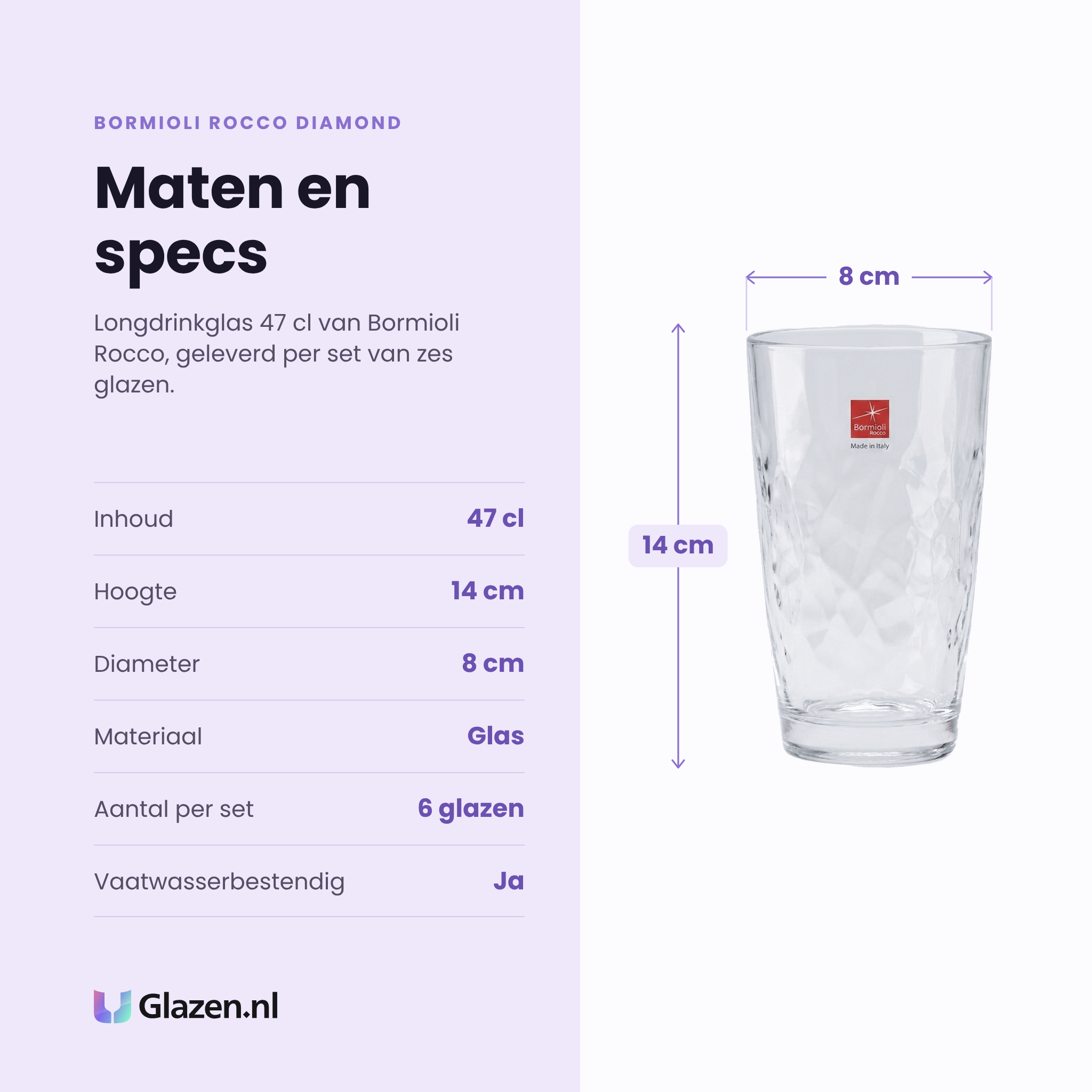 Bormioli Rocco Diamond longdrinkglas 47 cl specificaties: inhoud 47 cl, hoogte 14 cm, diameter 8 cm, glas, set van 6