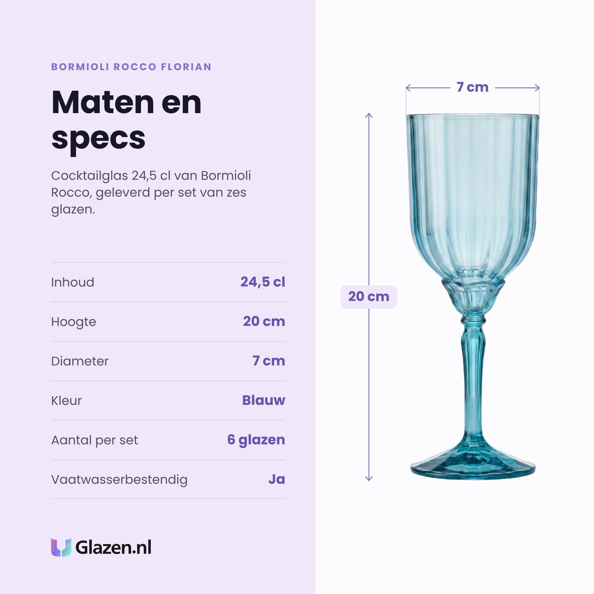 Bormioli Rocco Florian cocktailglas 24,5 cl blauw specificaties: inhoud 24,5 cl, hoogte 20 cm, diameter 7 cm, kleur blauw, set van 6