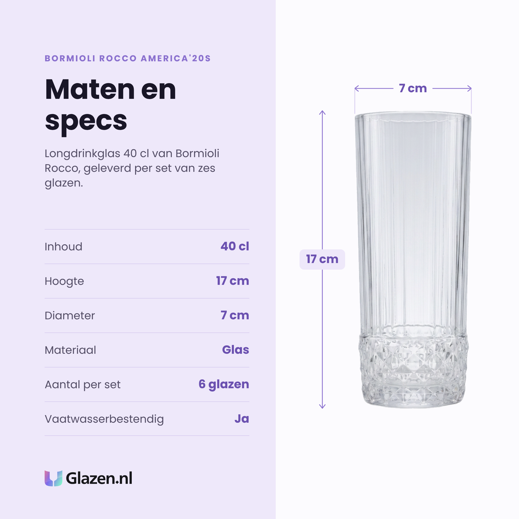 Bormioli Rocco America'20s longdrinkglas 40 cl specificaties: inhoud 40 cl, hoogte 17 cm, diameter 7 cm, glas, set van 6