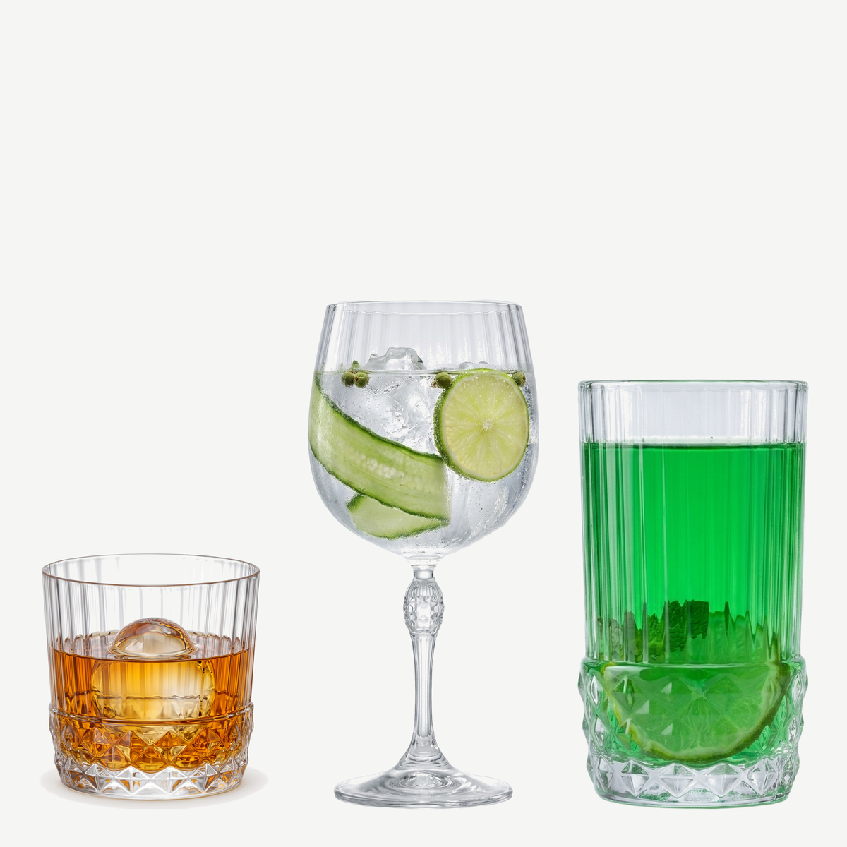 Bormioli Rocco America'20s barset met tumbler, gin tonic glas en shotglas gevuld