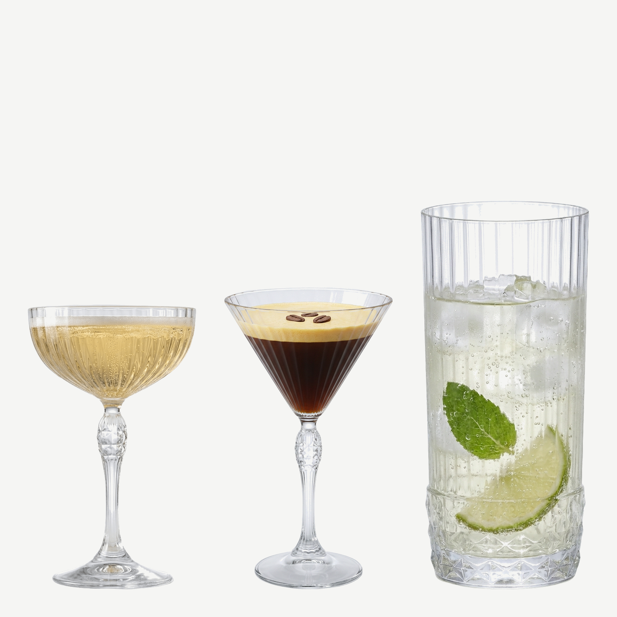 Bormioli Rocco America'20s cocktailset met coupe, martiniglas en longdrinkglas gevuld