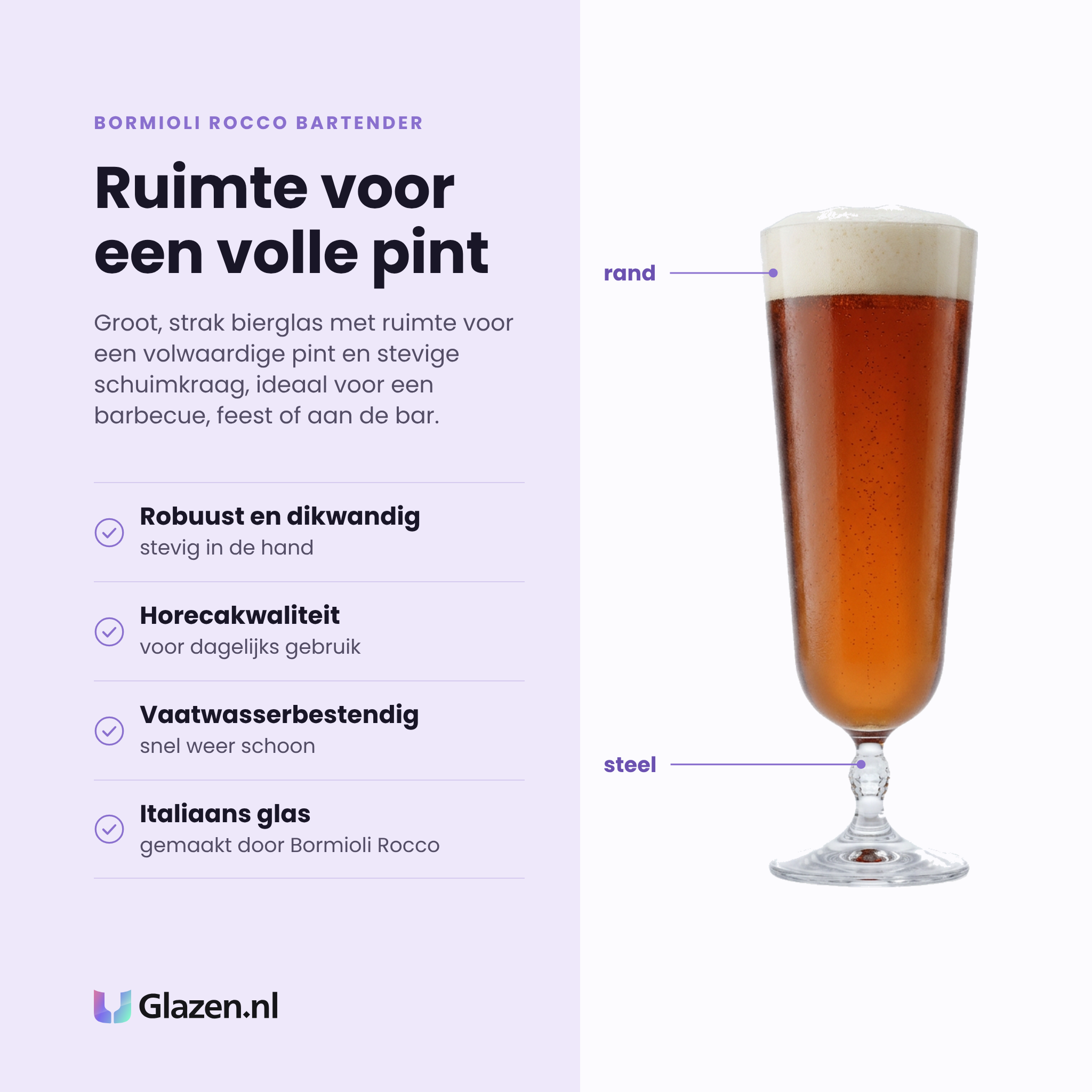 Bormioli Rocco Bartender bierglas 52 cl eigenschappen: robuust en dikwandig, horecakwaliteit, vaatwasserbestendig, italiaans glas