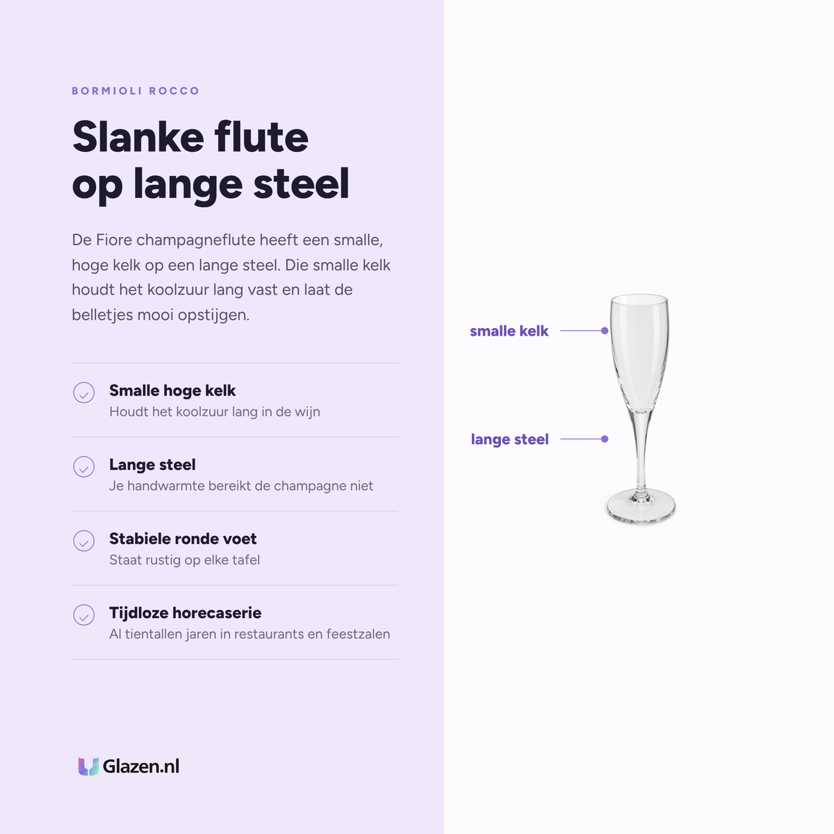 Infographic met de eigenschappen van Bormioli Rocco Fiore champagneflute 17,5 cl