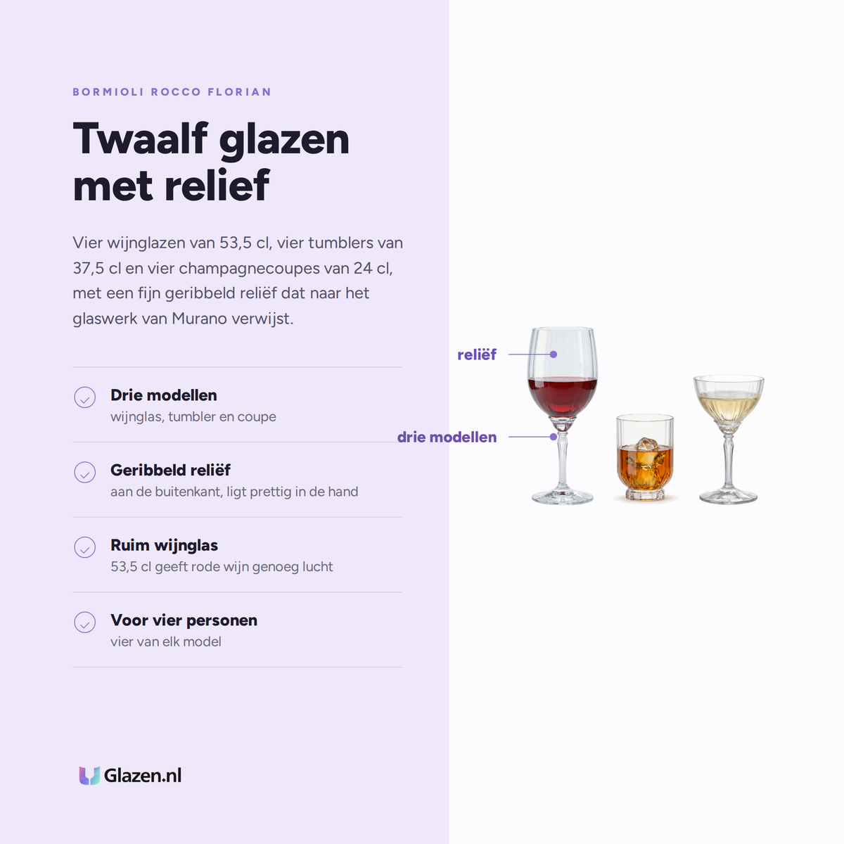 Eigenschappen van Bormioli Rocco Florian Wijnset 12-Delig (Wijn, Tumbler & Coupe)