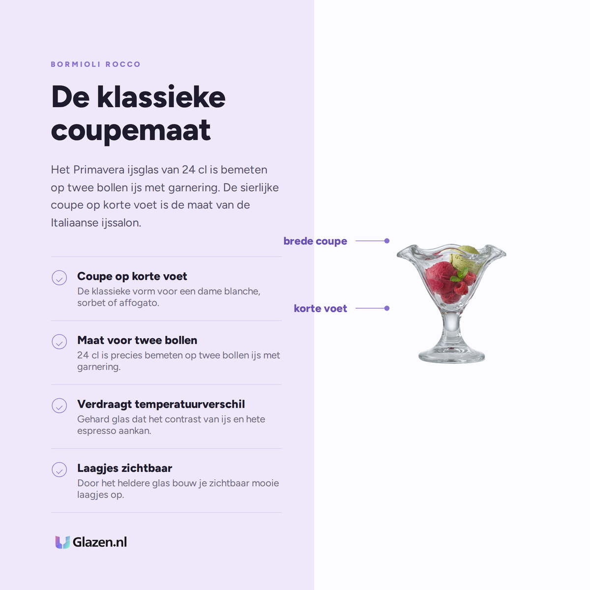 Infographic met de eigenschappen van Bormioli Rocco Primavera Ijsglas 24 Cl - 6 Stuks