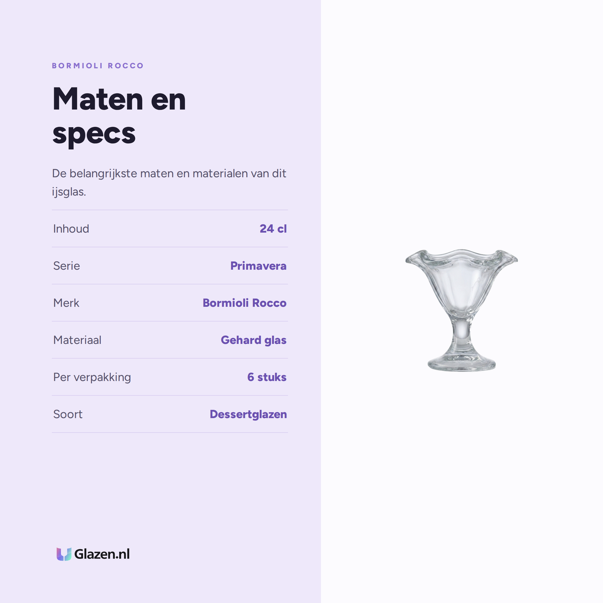 Infographic met de maten en specificaties van Bormioli Rocco Primavera Ijsglas 24 Cl - 6 Stuks