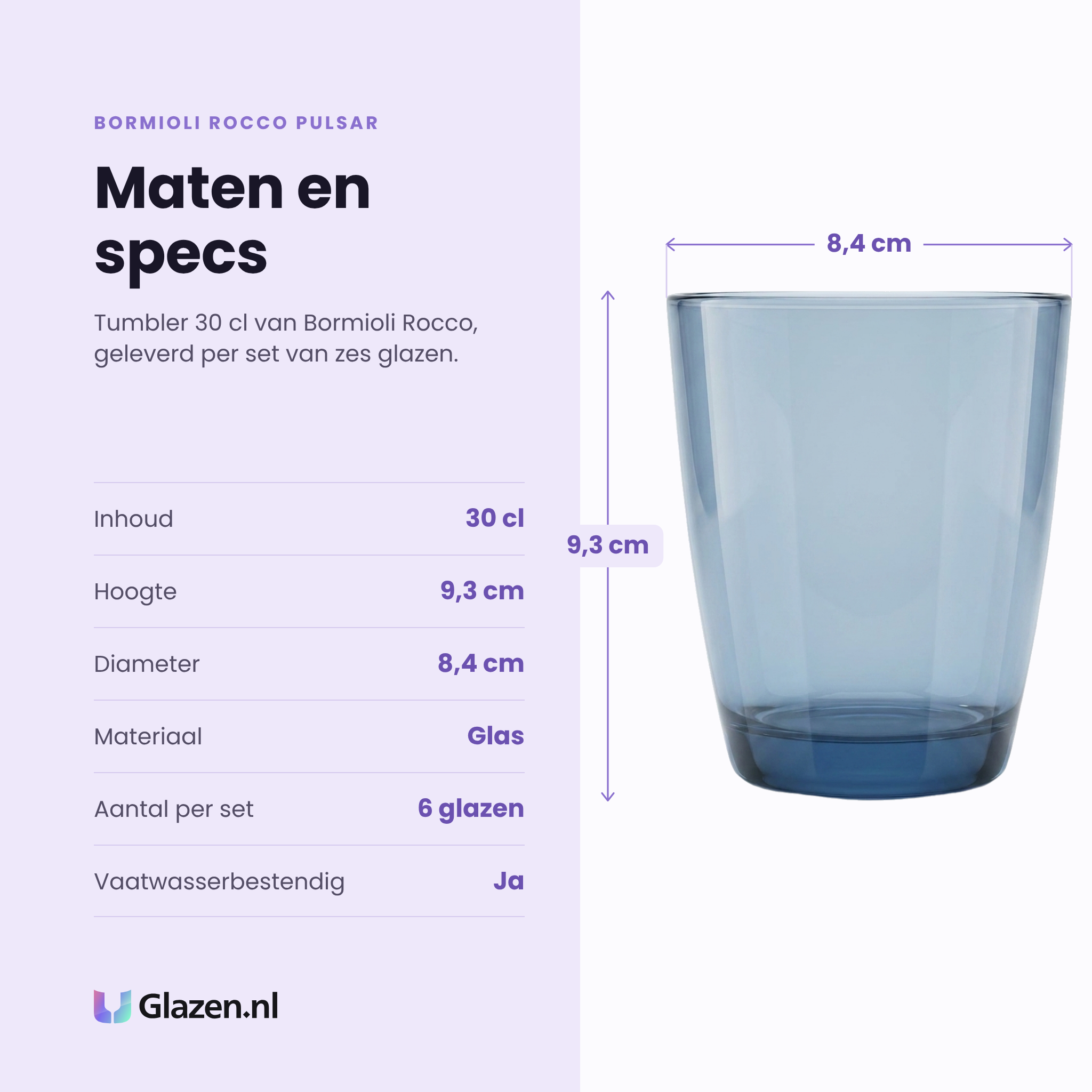 Bormioli Rocco Pulsar tumbler 30 cl blauw specificaties: inhoud 30 cl, hoogte 9,3 cm, diameter 8,4 cm, glas, set van 6