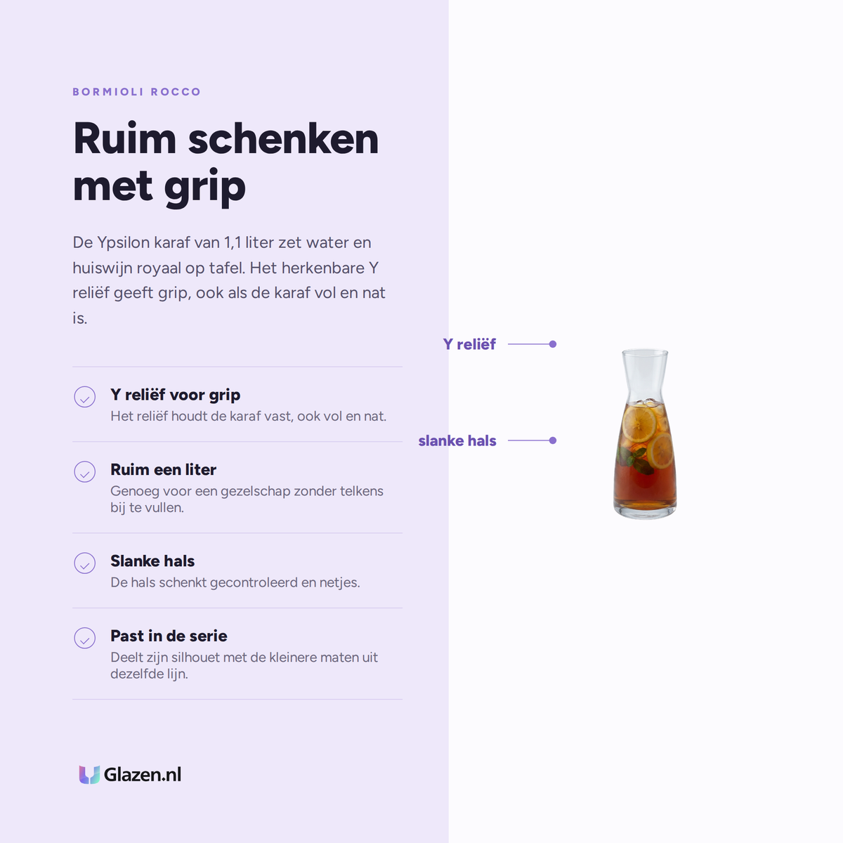 Infographic met de eigenschappen van Bormioli Rocco Ypsilon Karaf 1,1 Liter