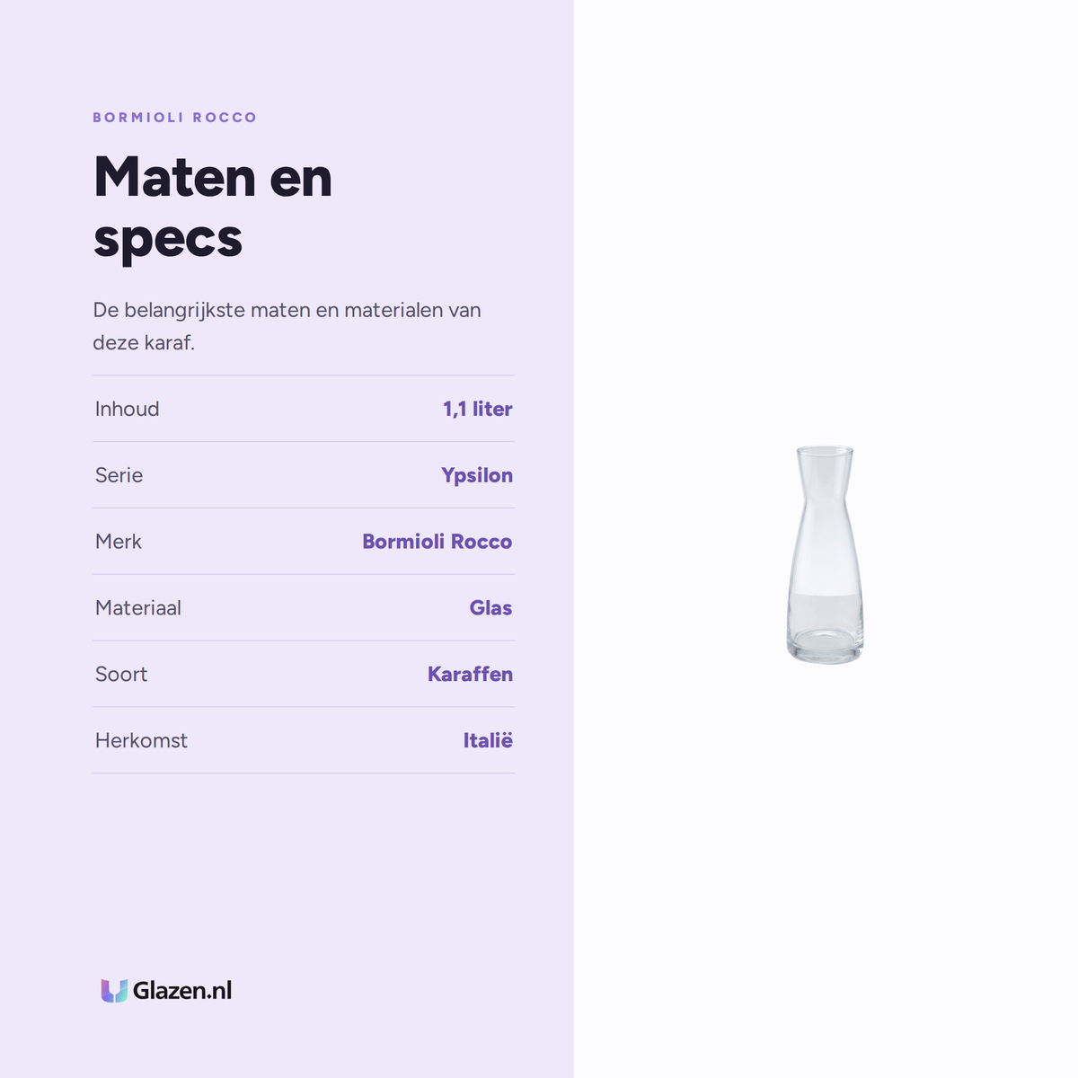 Infographic met de maten en specificaties van Bormioli Rocco Ypsilon Karaf 1,1 Liter