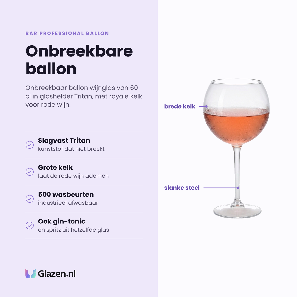 Bar Professional Ballon wijnglas 60 cl eigenschappen: slagvast tritan kunststof, grote kelk, tot 500 wasbeurten, ook voor gin-tonic en spritz