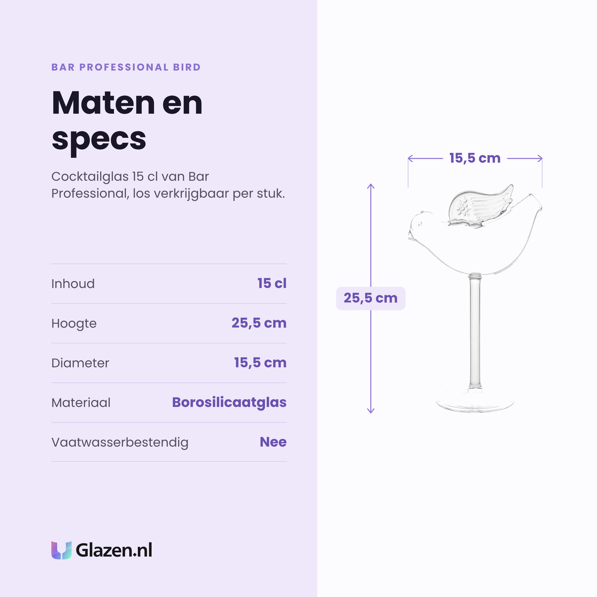 Bar Professional Bird cocktailglas 15 cl specificaties: inhoud 15 cl, hoogte 25,5 cm, diameter 15,5 cm, borosilicaatglas, niet vaatwasserbestendig