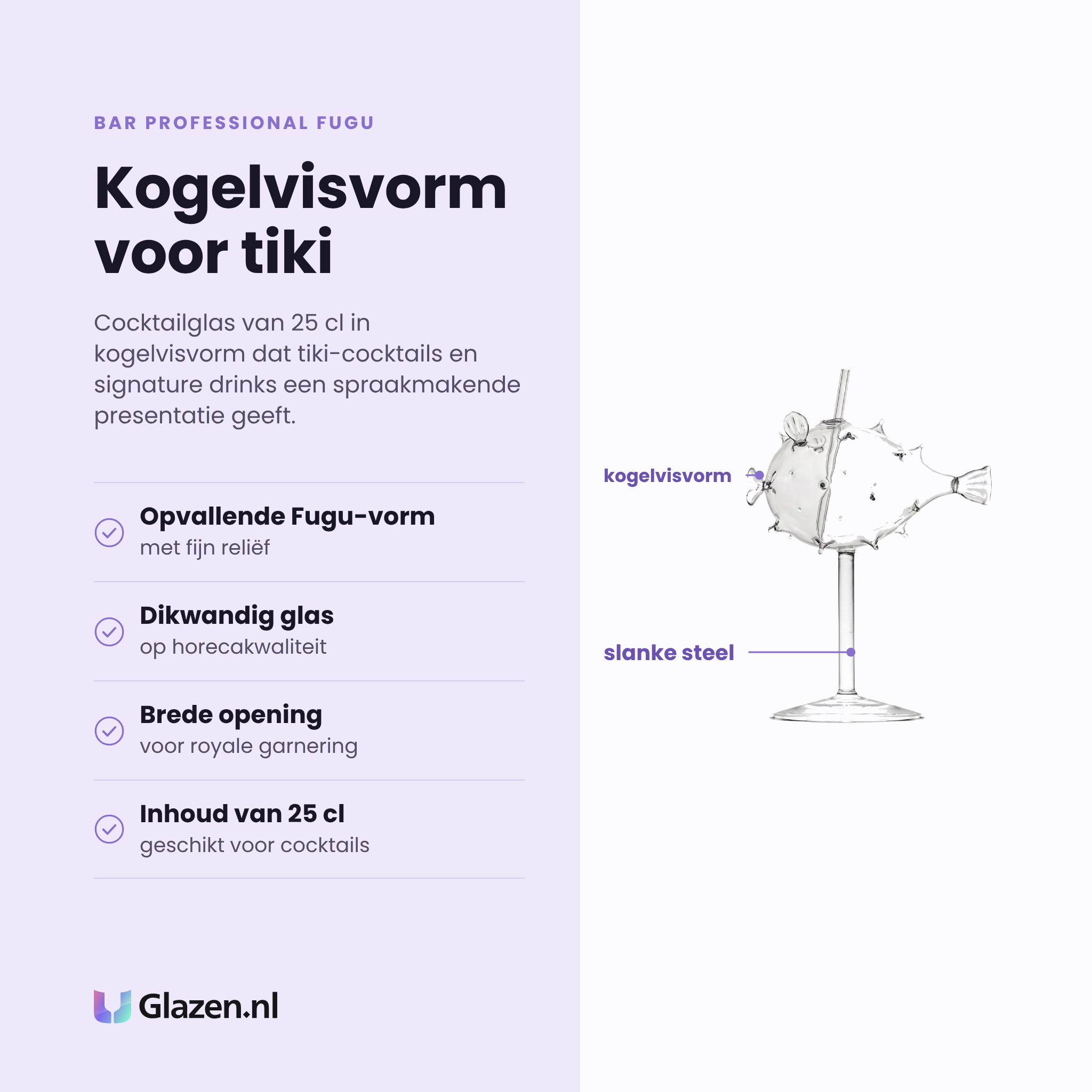 Bar Professional Fugu cocktailglas 25 cl eigenschappen: opvallende fugu vorm met reliëf, dikwandig glas op horecakwaliteit, brede opening voor royale garnering, inhoud van 25 cl