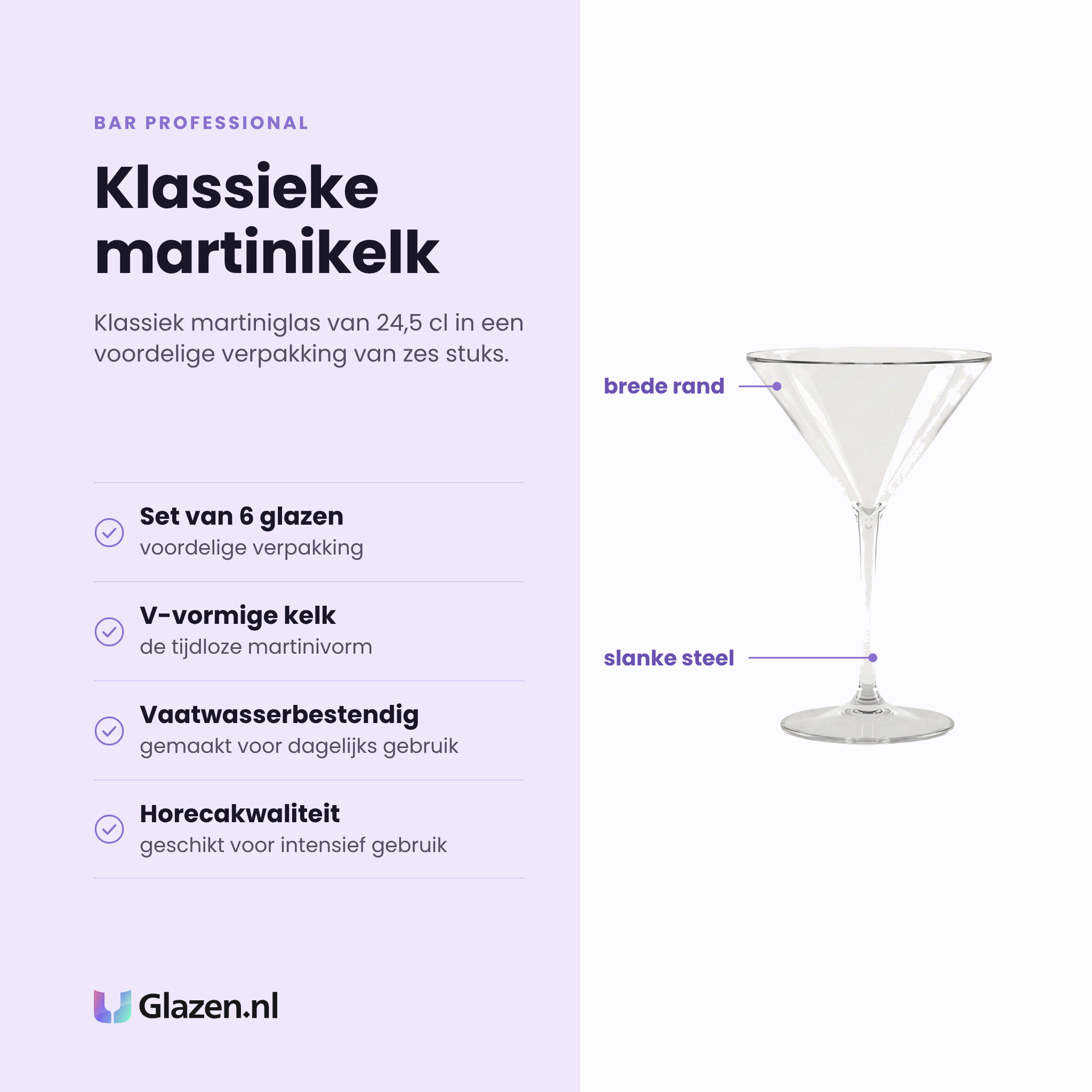Bar Professional martiniglas 24,5 cl eigenschappen: set van zes glazen, v-vormige kelk, vaatwasserbestendig, horecakwaliteit
