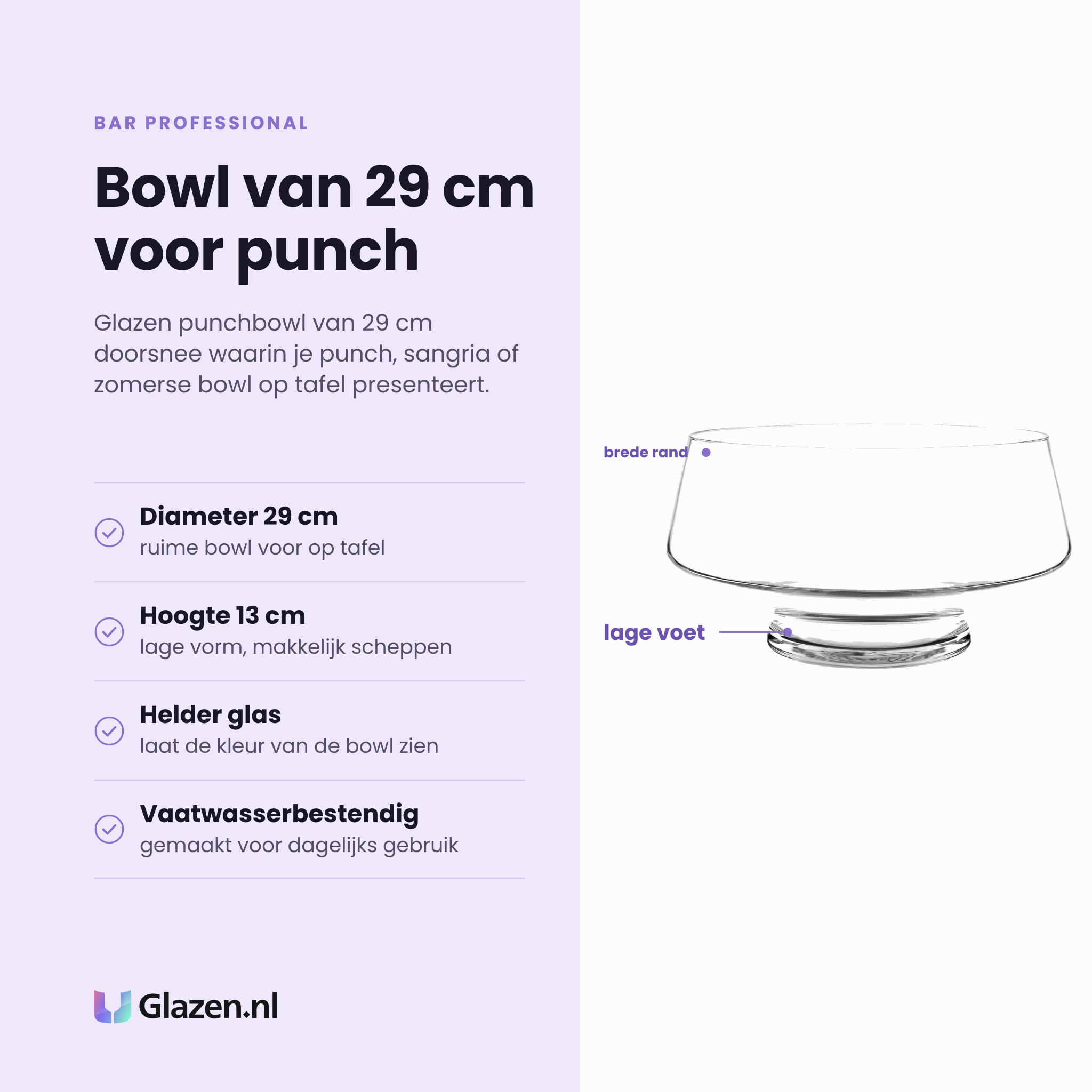 Bar Professional punchbowl 29 cm eigenschappen: diameter 29 cm, hoogte 13 cm, helder glas, vaatwasserbestendig