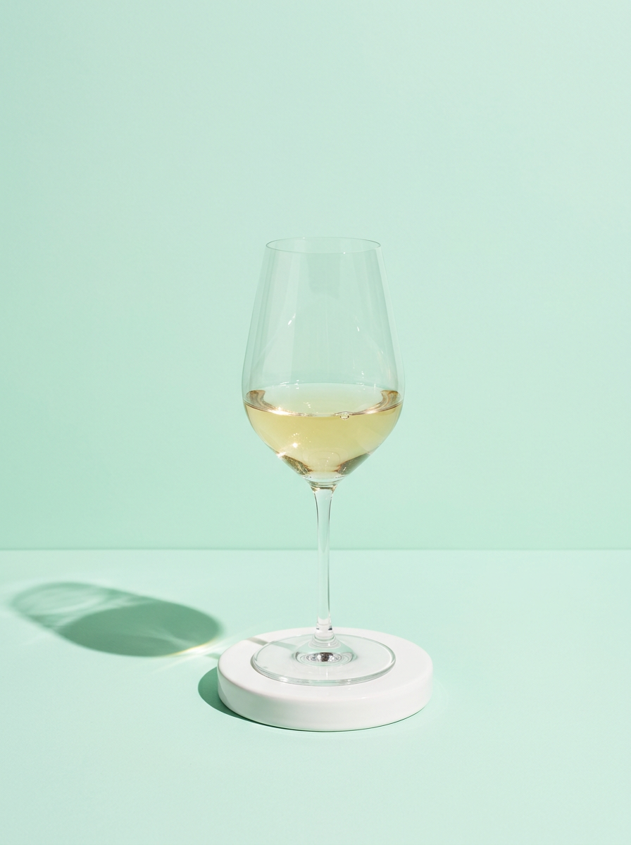 Proefglas met witte wijn op mintgroene achtergrond