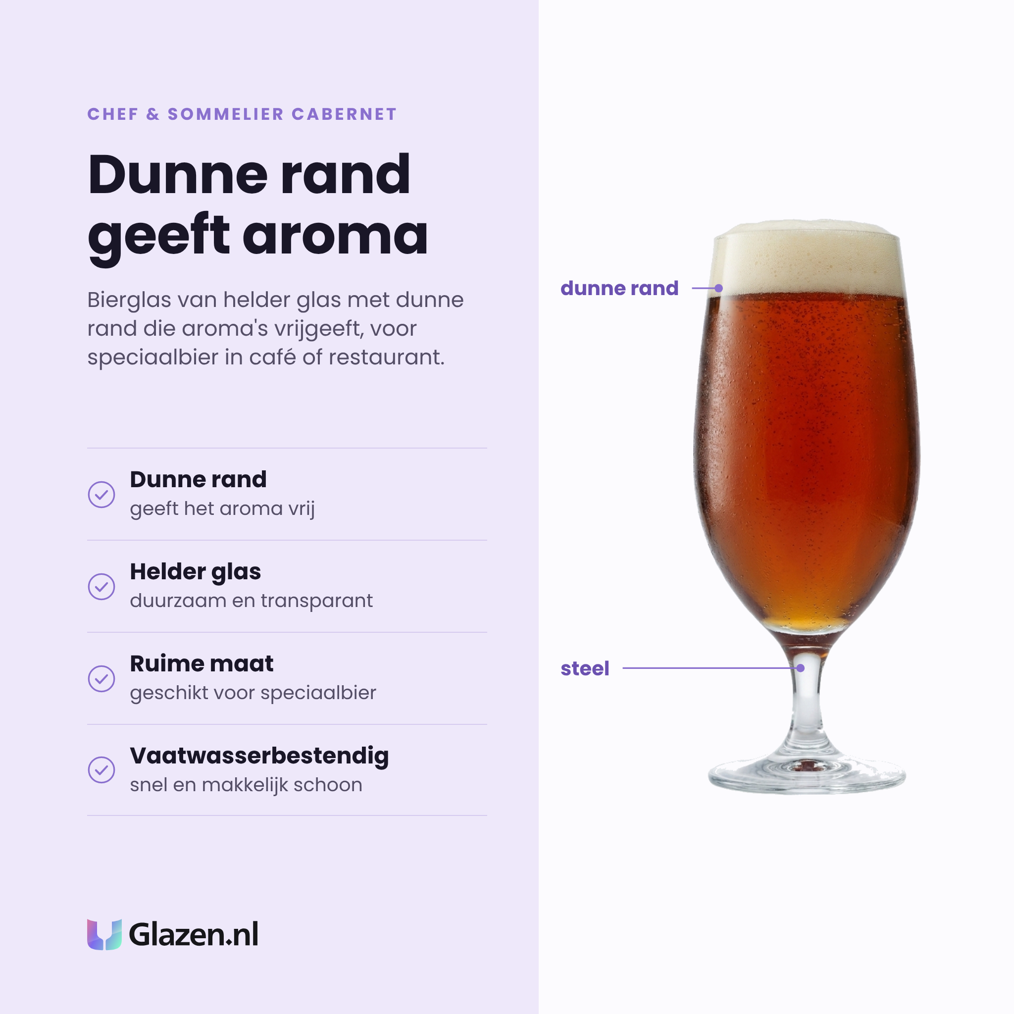 Chef & Sommelier Cabernet bierglas 46 cl eigenschappen: dunne rand geeft aroma vrij, helder glas, ruime maat voor speciaalbier, vaatwasserbestendig