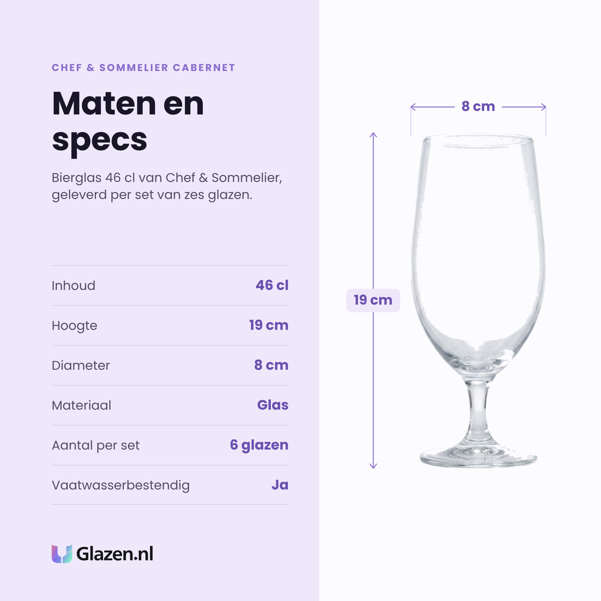 Chef & Sommelier Cabernet bierglas 46 cl specificaties: inhoud 46 cl, hoogte 19 cm, diameter 8 cm, glas, set van 6