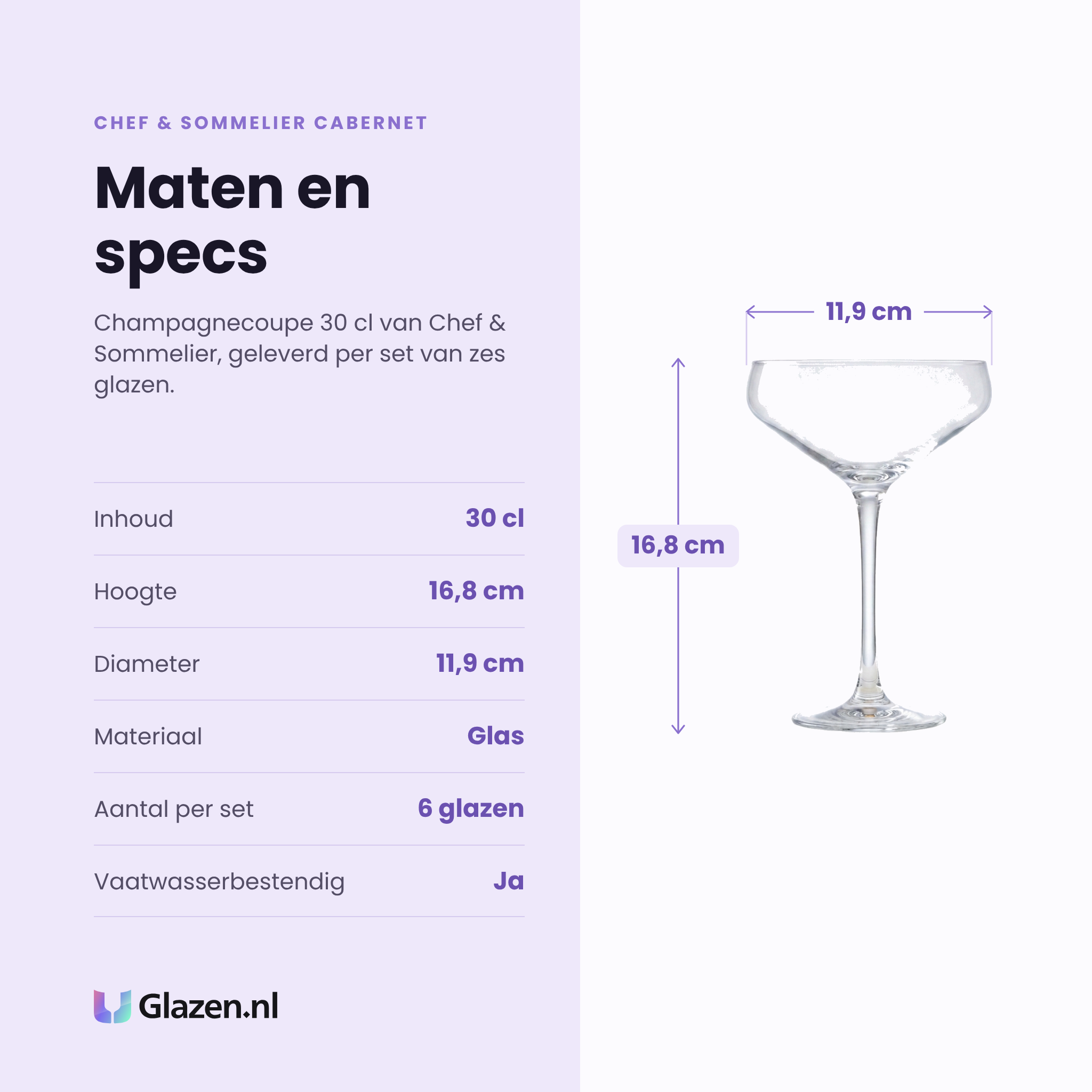 Chef & Sommelier Cabernet champagnecoupe 30 cl specificaties: inhoud 30 cl, hoogte 16,8 cm, diameter 11,9 cm, glas, set van 6